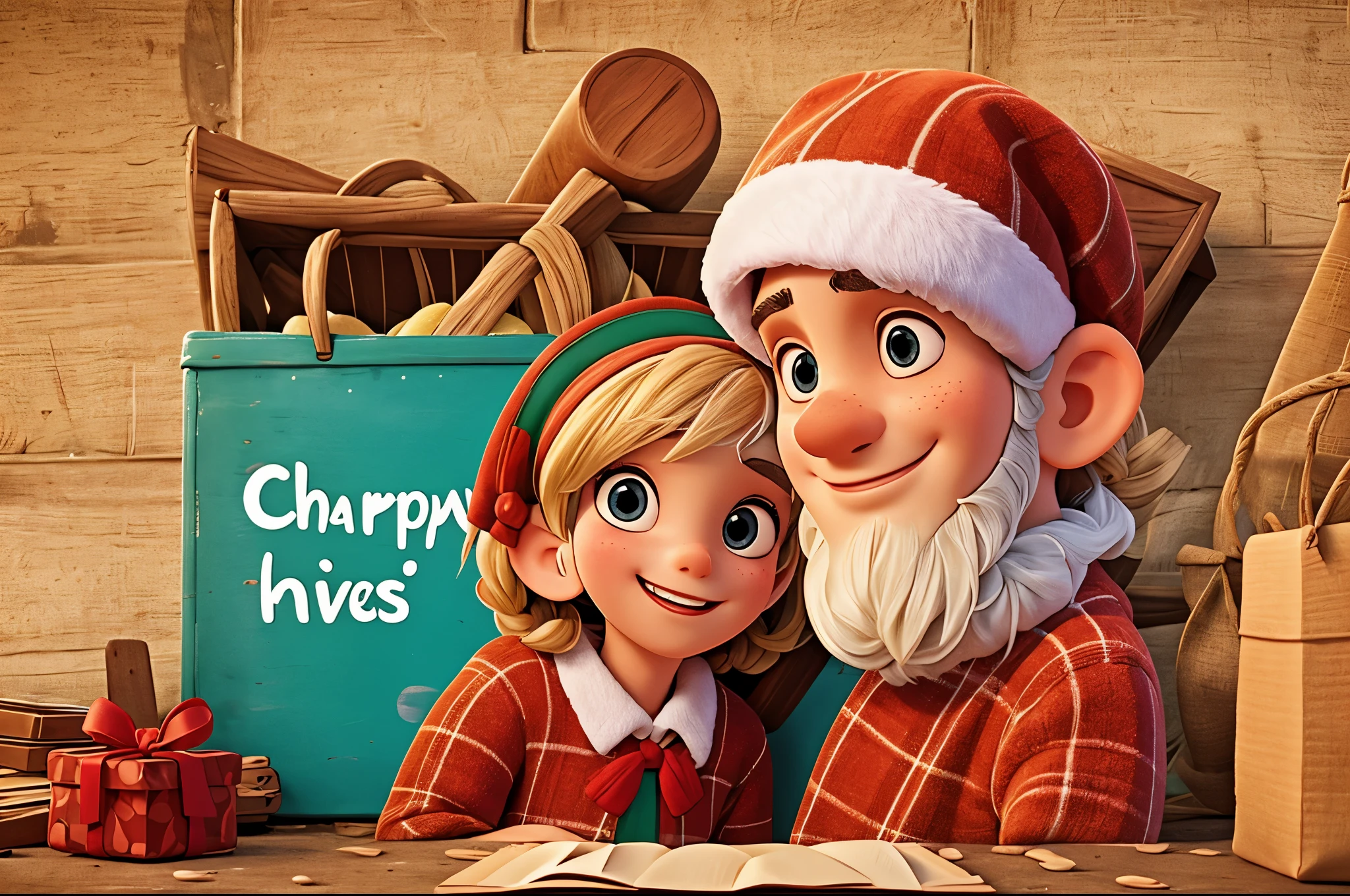 Christmas poster design。Portrait of happy children receiving gifts,Christmas gifts.