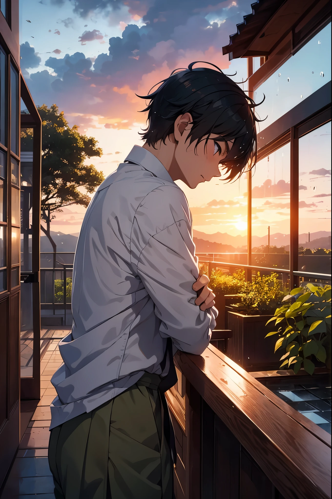 Anime, a , looking at the rain falling, on the garden terrace, And he got wet from the rain, See the sunset view in the hills, he is sad