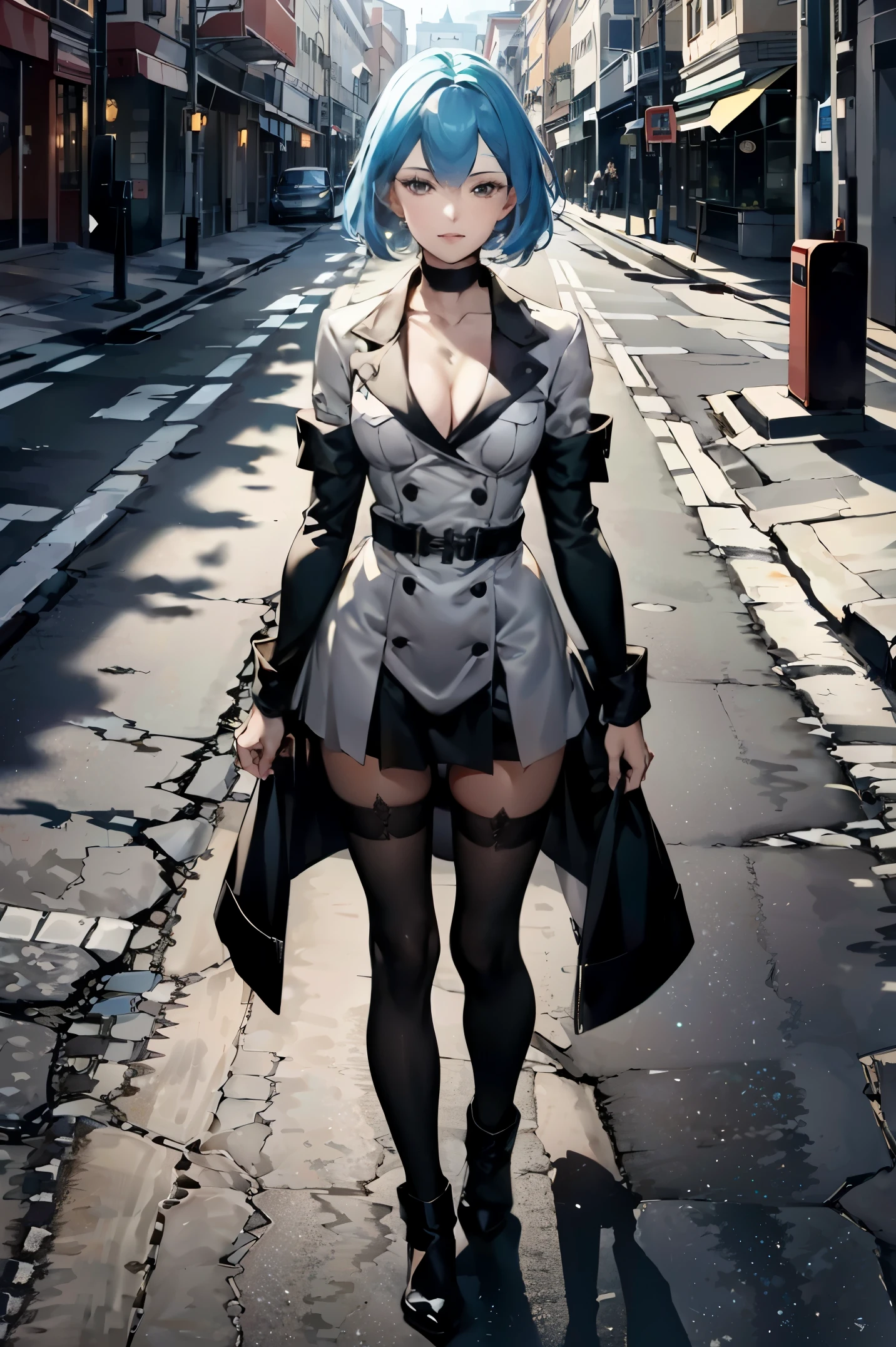 Esdeath - Akame Ga Kil, Esdeath, mlitary uniform, short hair, cleavage, (Perfect figure: 1.1),  Choker, Full body photo, crowdedstreets, (Very detailed CG 8k wallpaper), (Extremely delicate and beautiful), (masutepiece), (Best Quality: 1.0), (超A high resolution :1.0) , Beautiful lighting, Perfect Lightning, skirt pull, Realistic Shadows, [hight resolution], Detailed skin, ultra-detailliert, A hyper-realistic, Ultra-fine clothing texture, Ultra Fine Makeup, ahoge, ecchi,