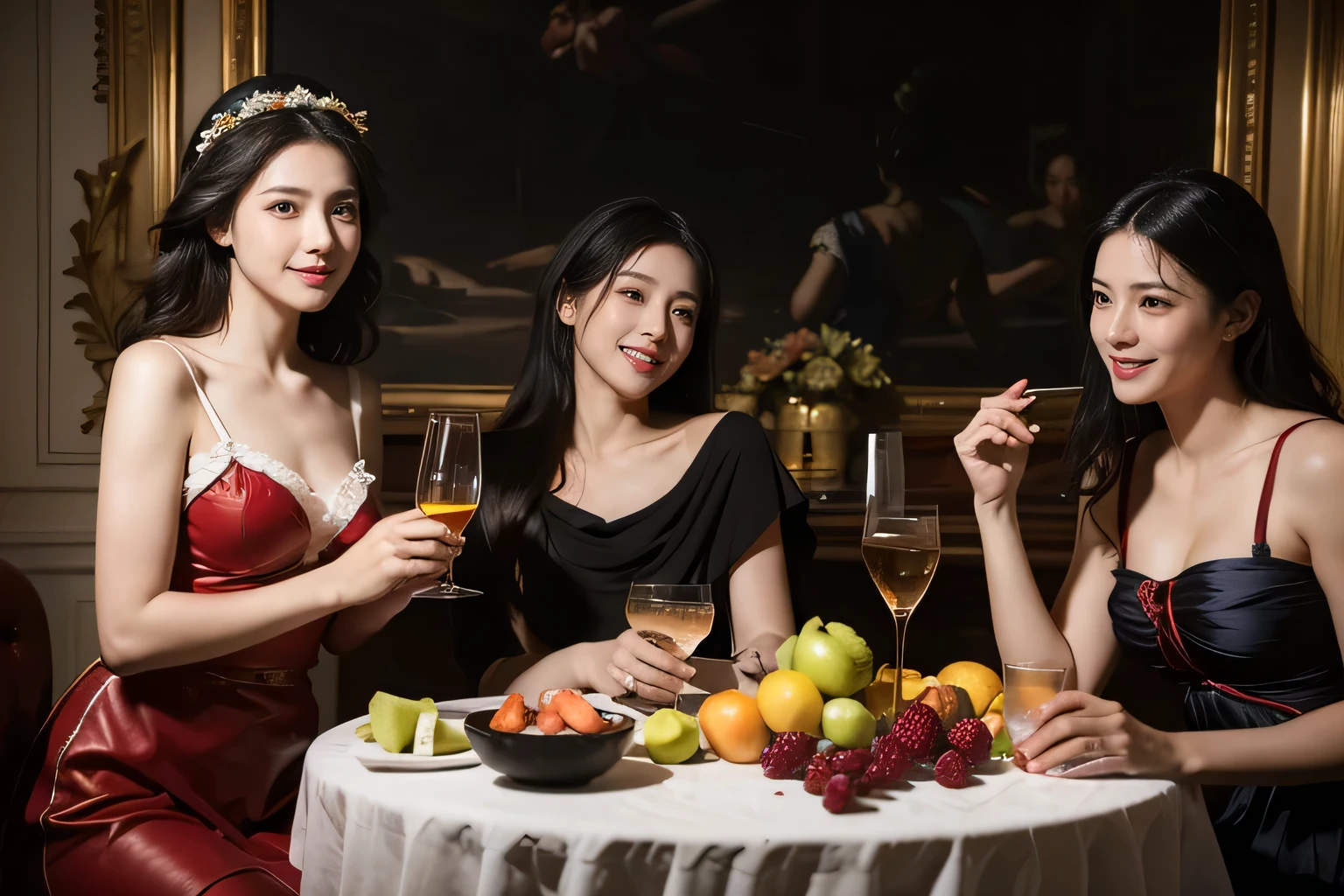 Ancient Roman landscape in the style of Nicolas Poussin,,,fruits,A smile,,Sweet and seductive appearance.、Caravaggio's paintings、Chiaroscuro of Caravaggio、Hair disheveled in the wind,Dinner party for 3 women,Cute smile, Expression of ecstasy,A sexy,erotick