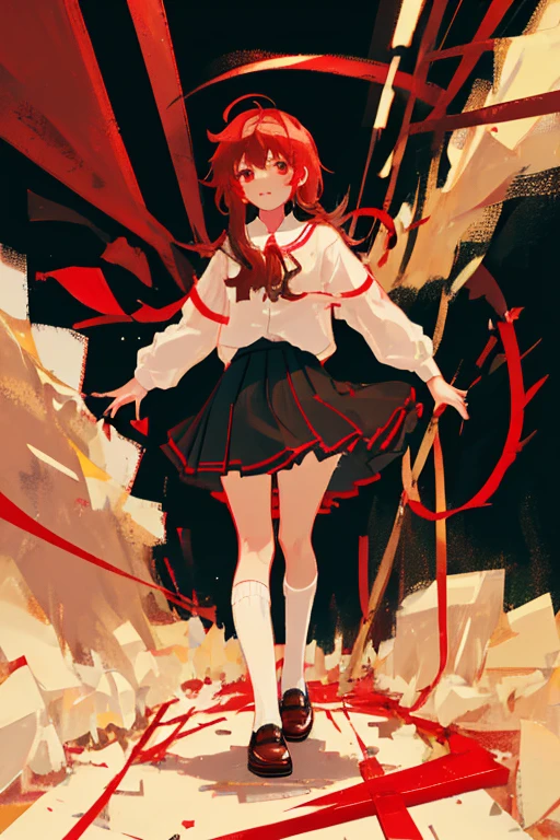 9 year old girl,white shirt,Red ribbons,a red skirt,Black High Socks,Brown loafers,art gallery,dark ilumination,have one red rose,Walking alone