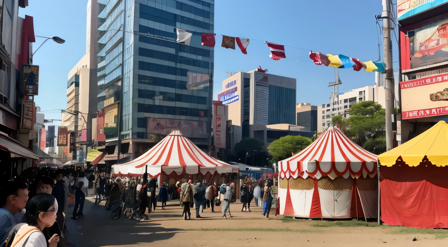 jpn、There is a circus tent on a vacant lot.。、the ground、Crowds、buliding