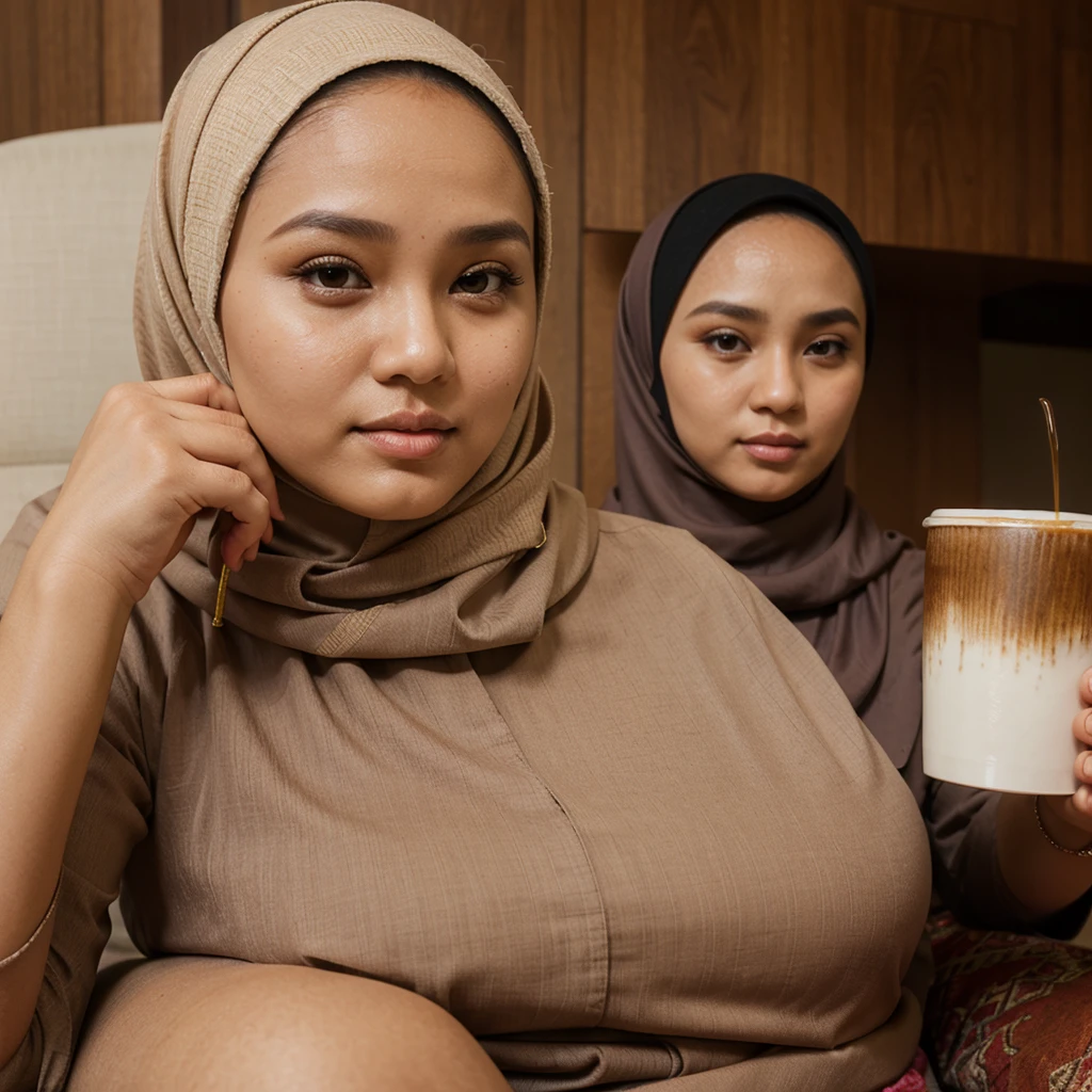 A beautiful woman wearing a hijab and Indonesian Muslim clothes, flat nose, slightly thick lips, slightly wide forehead, chubby cheeks,was sitting drinking coffee