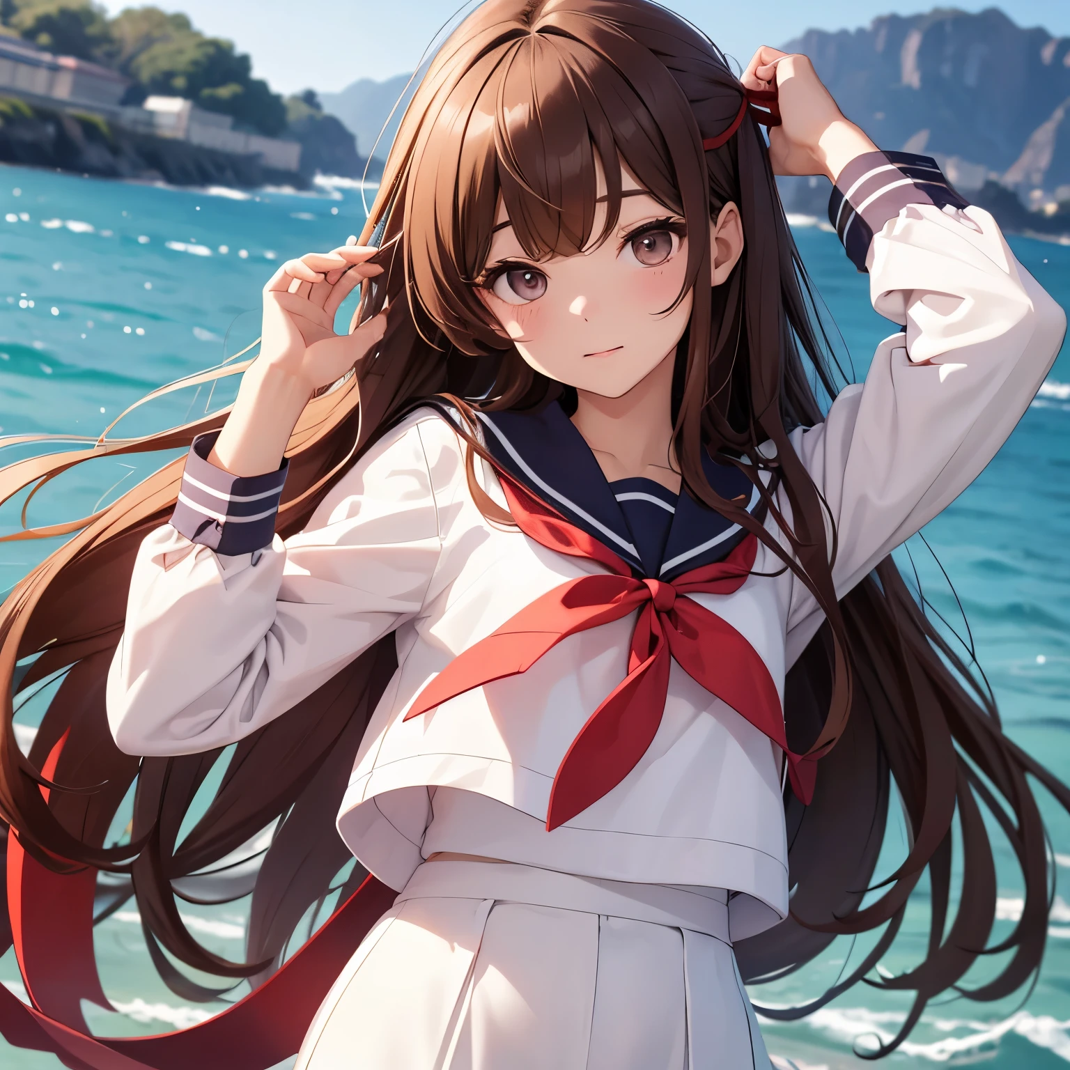 Smiling dark-haired girl in a sailor suit wearing a Santa Claus hat