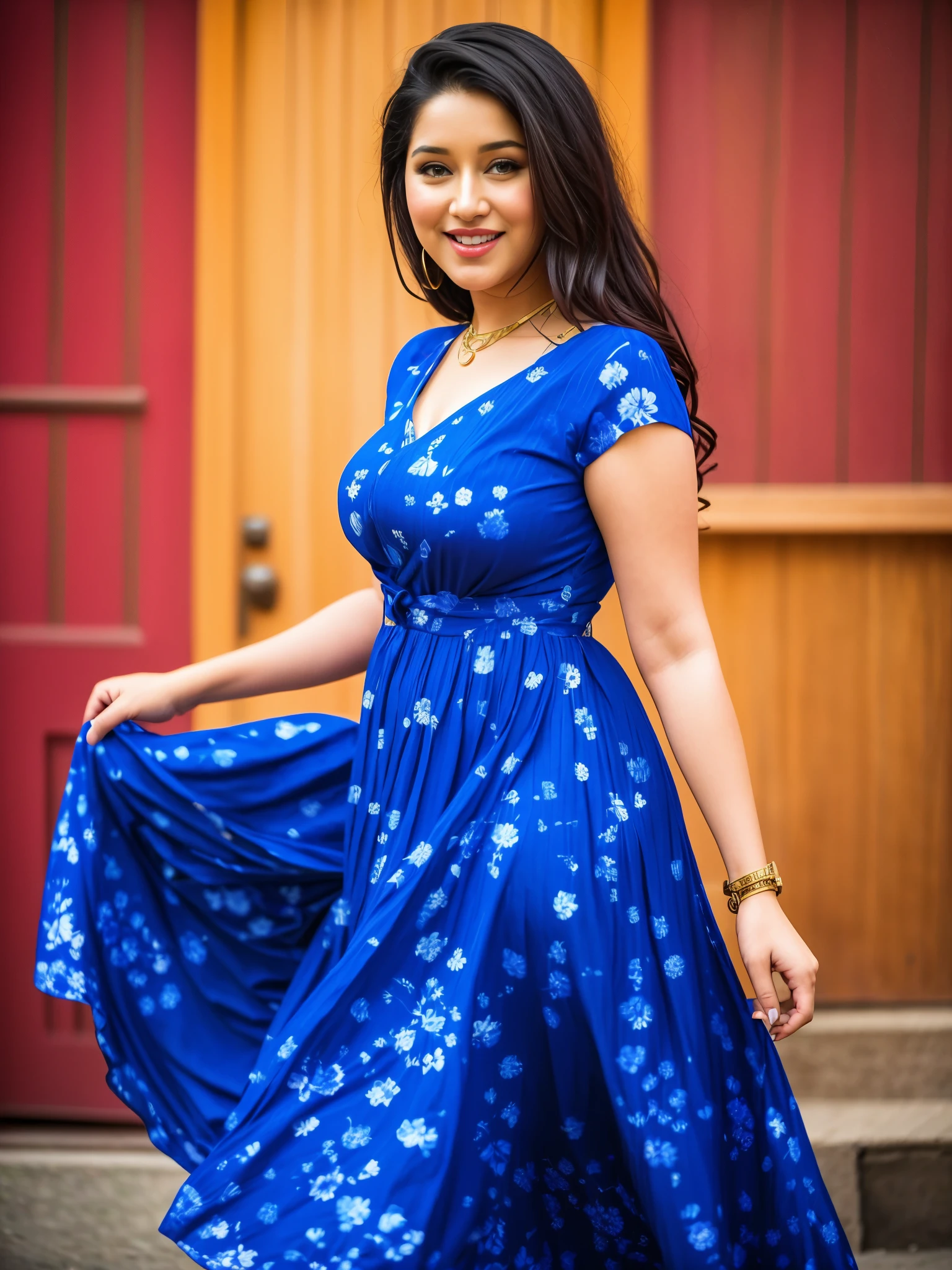 a woman with curvy body, chubby body, thicc, in a blue dress standing in front of a plant, a portrait inspired by T. K. Padmini, trending on cg society, happening, frock, wearing in a summer dress, wearing blue dress, idian dress, mid shot portrait, wearing a long flowery dress, blue colored traditional wear, in blue dress, wearing a blue dress, long blue dress
1
2