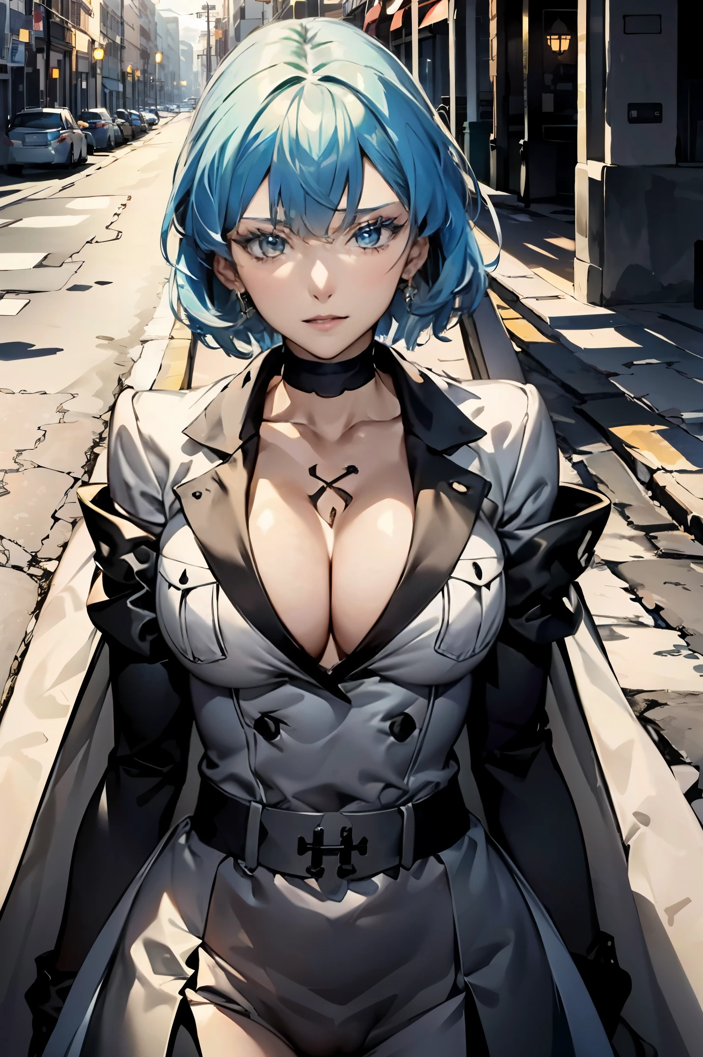 Esdeath - Akame Ga Kil, Esdeath, mlitary uniform, short hair, cleavage, (Perfect figure: 1.1),  Choker, Full body photo, crowdedstreets, (Very detailed CG 8k wallpaper), (Extremely delicate and beautiful), (masutepiece), (Best Quality: 1.0), (超A high resolution :1.0) , Beautiful lighting, Perfect Lightning, skirt pull, Realistic Shadows, [hight resolution], Detailed skin, ultra-detailliert, A hyper-realistic, Ultra-fine clothing texture, Ultra Fine Makeup, ahoge, ecchi,