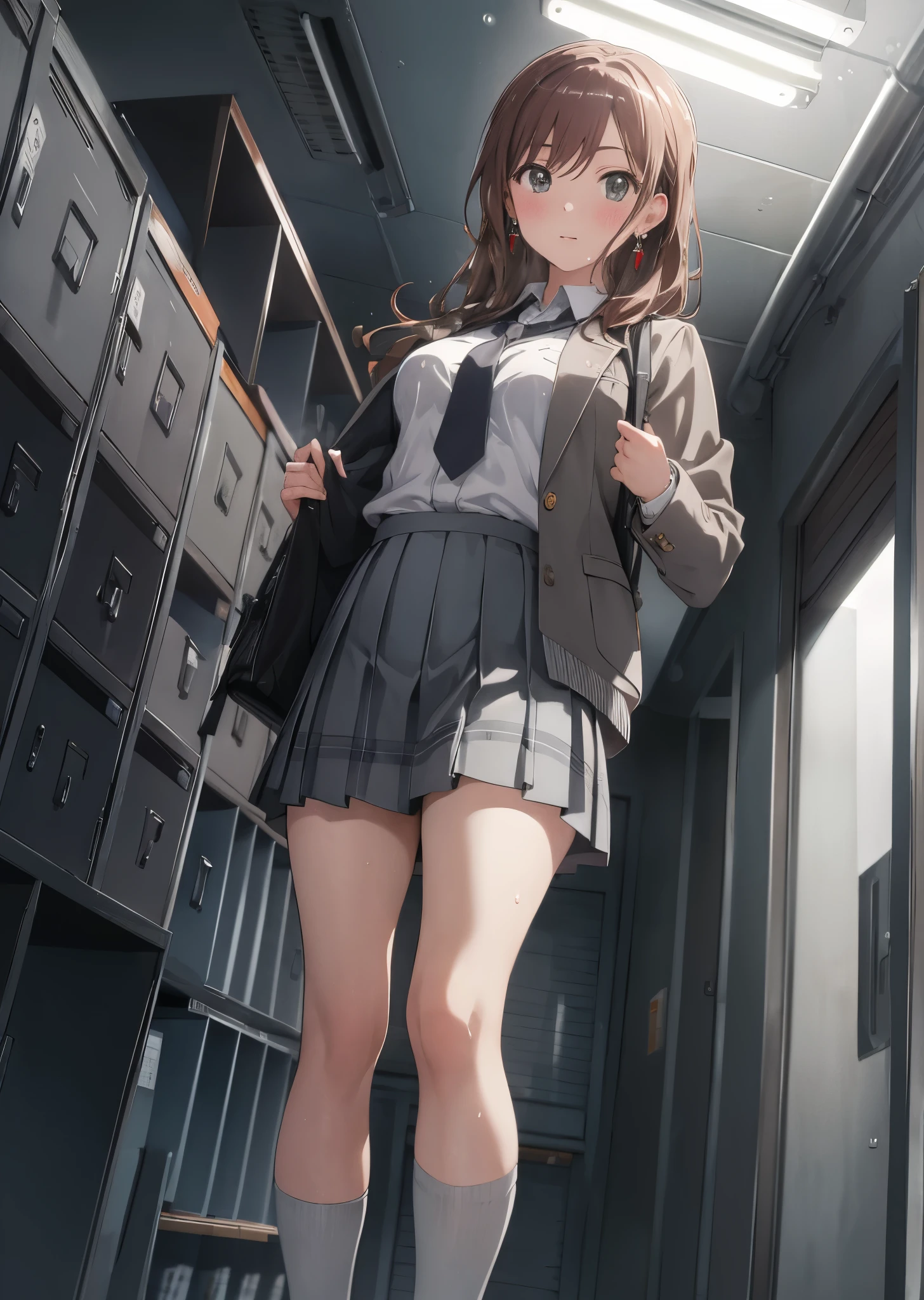 lisachi, ((masterpiece, best quality)),very detailed ,medium breasts,1girl, grey_necktie, brown_hair, haneoka_school_uniform, earrings, full_body, grey jacket, jewelry, long_hair, looking_at_viewer, necktie, plaid, plkirt, grey_pleated_skirt, school_uniform, grey_skirt, looking down at viewer, from below, (wet clothes), (locker room),