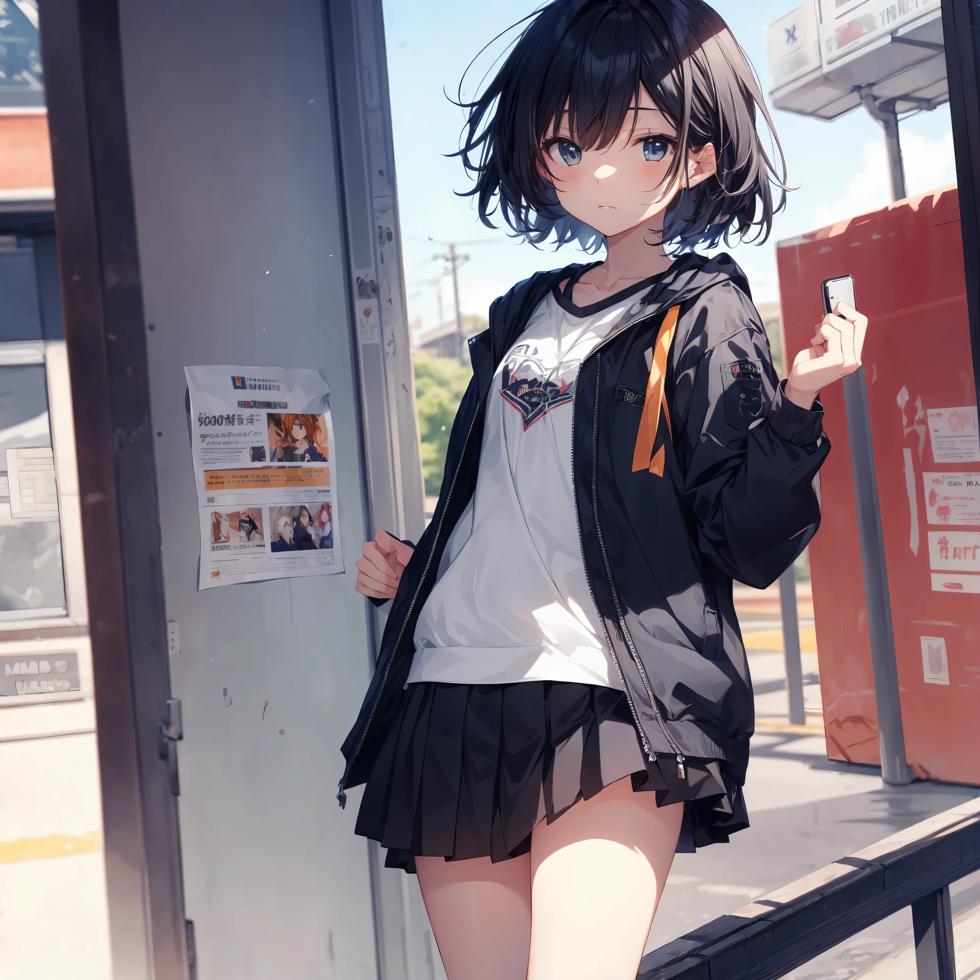 Super high quality by the art god, Ultra-detailed, High resolution, anime moe art style, best anime 8K konachan wallpaper, Pixiv Contest Winner, Perfect Anatomy, BREAK,(Draw a girl sleepily walking to school. ),BREAK, 1girl in, (Solo,Lori,child,13years:1.3),Full limbs, complete fingers,a junior high school student, Androgynous attraction, (Very short hair), Sleeping hair, hair messy, flat chest, Small butt, groin, Small eyes,Beautiful detailed black eyes, Well-proportioned iris and pupils, disgusted eye,  High resolution detailed hair, School uniform, Skirt, On the way to school. BREAK,Ultra-detailed細なスキン, Best lighting by famous artists, 8K, Illustration,