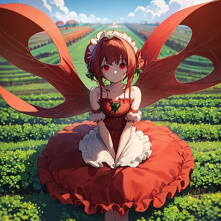 A very small fairy sitting on a ripe tomato　red knee-length dress with ruffles　puff sleeves　　(green ribbon headdress)　red hairs　(Inside the tomato field:1.5)