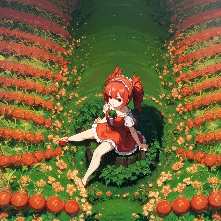 A very fairy sitting on a ripe tomato red knee-length dress with ruffles puff sleeves (green ribbon headdress) red hairs (Inside the tomato field:1.5)