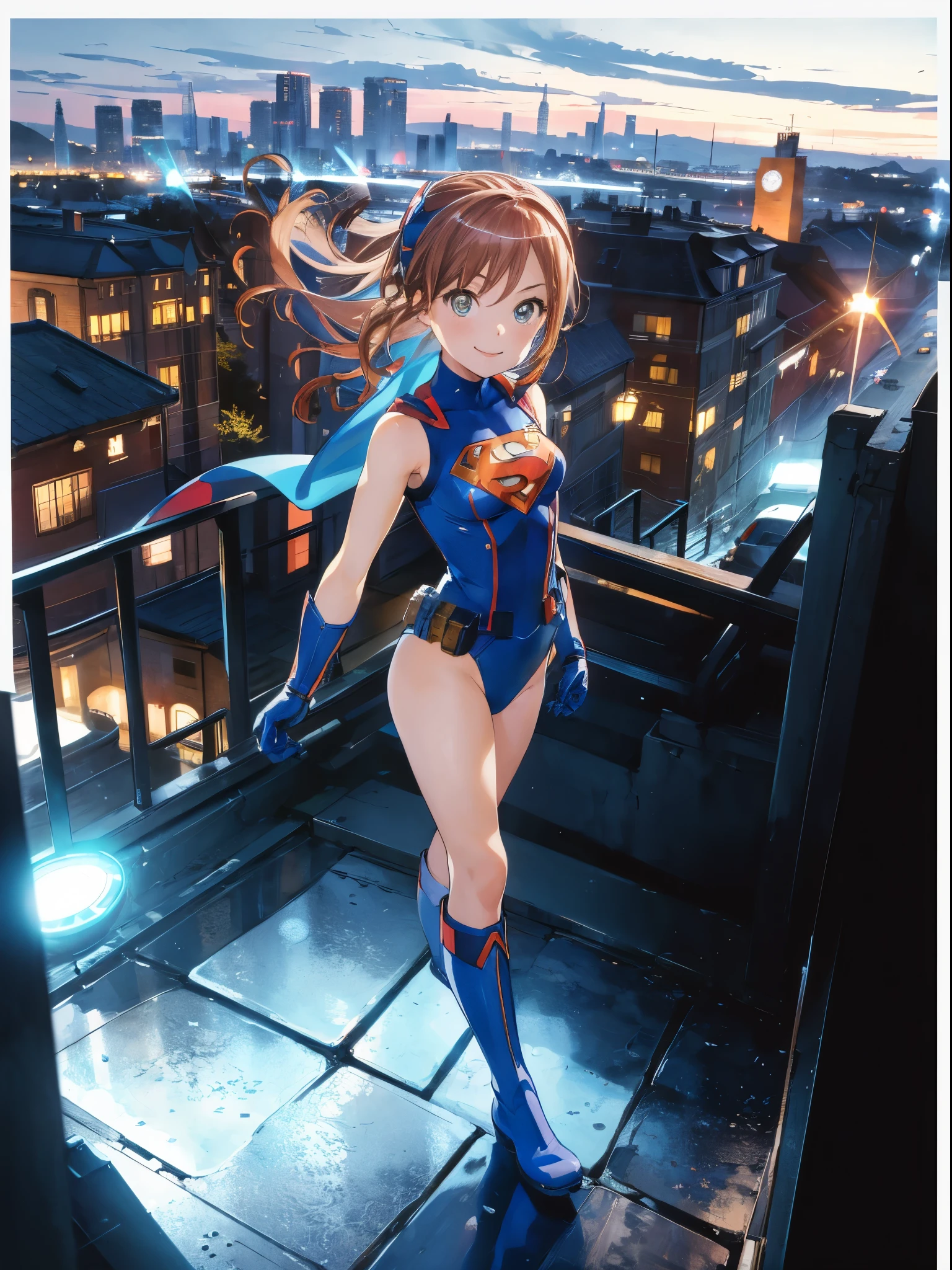 lisachi, masterpiece, best quality, highres, 1girl, solo, superhero, leotard, bare legs, boots, matching boots, sleeveless, gloves, matching gloves, looking at viewer, city backdrop, blue and white leotard, standing, hands on hip, full body shot, smile, glowing body