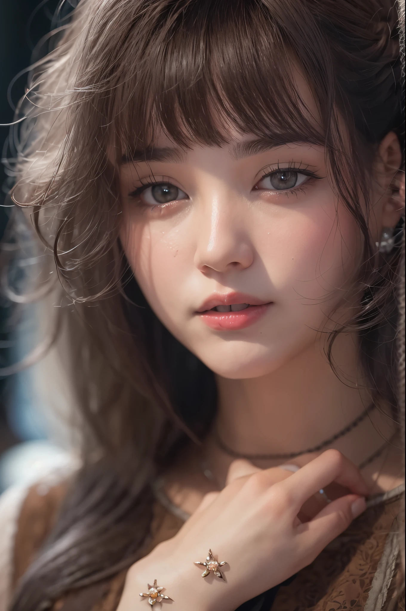 (Raw photo, Best Quality), (Realistic, Photorealsitic:1.3), masutepiece, extremely delicate and beautiful, Extremely detailed, nffsw, Unity, 8K, amazing, finely detail, Ultra-detailed, hight resolution, absurderes, Soft light, (Black hair, Short hair, Curly hair, hair messy, Bangor Tiful Detail Girl, Detailed fingers, extremely detailed eye and face, beautiful detailed nose, Beautiful detailed eyes, (Light on Face), Looking at Viewer, (Closed mouth:1.2), 1girl in, Cute, 年轻, Mature Face, pale skin, (Half body:1.3, sittingium'breastsout), Realistic face, Realistic body, beautiful detailed thigh, (ulzzang -6500-v1.1:0.6), Black shirt, (Semi-smile:1.3),cowboy shot