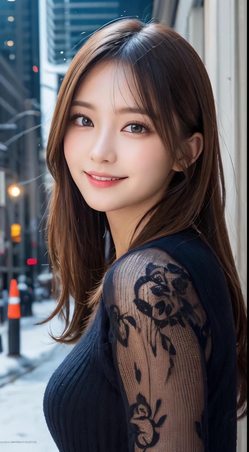 masutepiece, Best Quality, Illustration, Ultra-detailed, finely detail, hight resolution, 8K Wallpaper, Perfect dynamic composition, Beautiful detailed eyes, Winter dress,Medium Hair, Small breasts, Natural Color Lip, Random and sexy poses,Smile,Big city、20 years girl、Midnight、Beautiful detailed face、Perfect and beautiful face