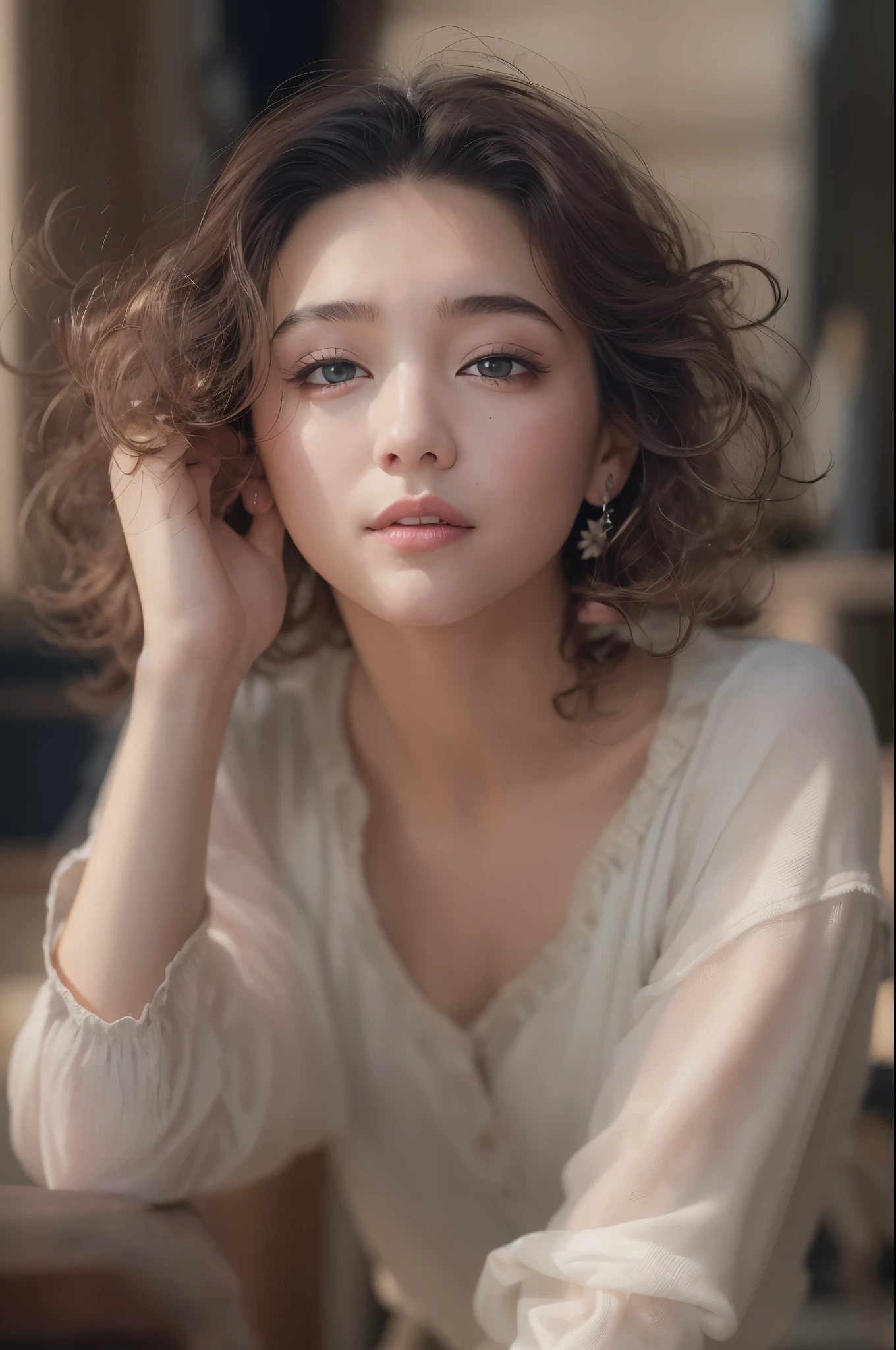 (Raw photo, Best Quality), (Realistic, Photorealsitic:1.3), masutepiece, extremely delicate and beautiful, Extremely detailed, nffsw, Unity, 8K, amazing, finely detail, Ultra-detailed, hight resolution, absurderes, Soft light, (Black hair, Short hair, Curly hair, hair messy, Bangor Tiful Detail Girl, Detailed fingers, extremely detailed eye and face, beautiful detailed nose, Beautiful detailed eyes, (Light on Face), Looking at Viewer, (Closed mouth:1.2), 1girl in, Cute, 年轻, Mature Face, pale skin, (Half body:1.3, sittingium'breastsout), Realistic face, Realistic body, beautiful detailed thigh, (ulzzang -6500-v1.1:0.6), Black shirt, (Semi-smile:1.3),cowboy shot