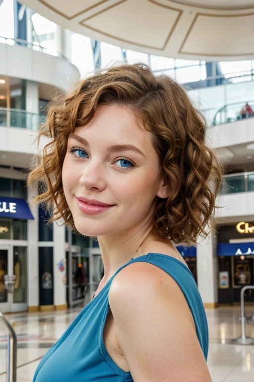 magnificent young woman with blue eyes, this woman has short and curly hair, luscious lips and is at a mall with friends laughing