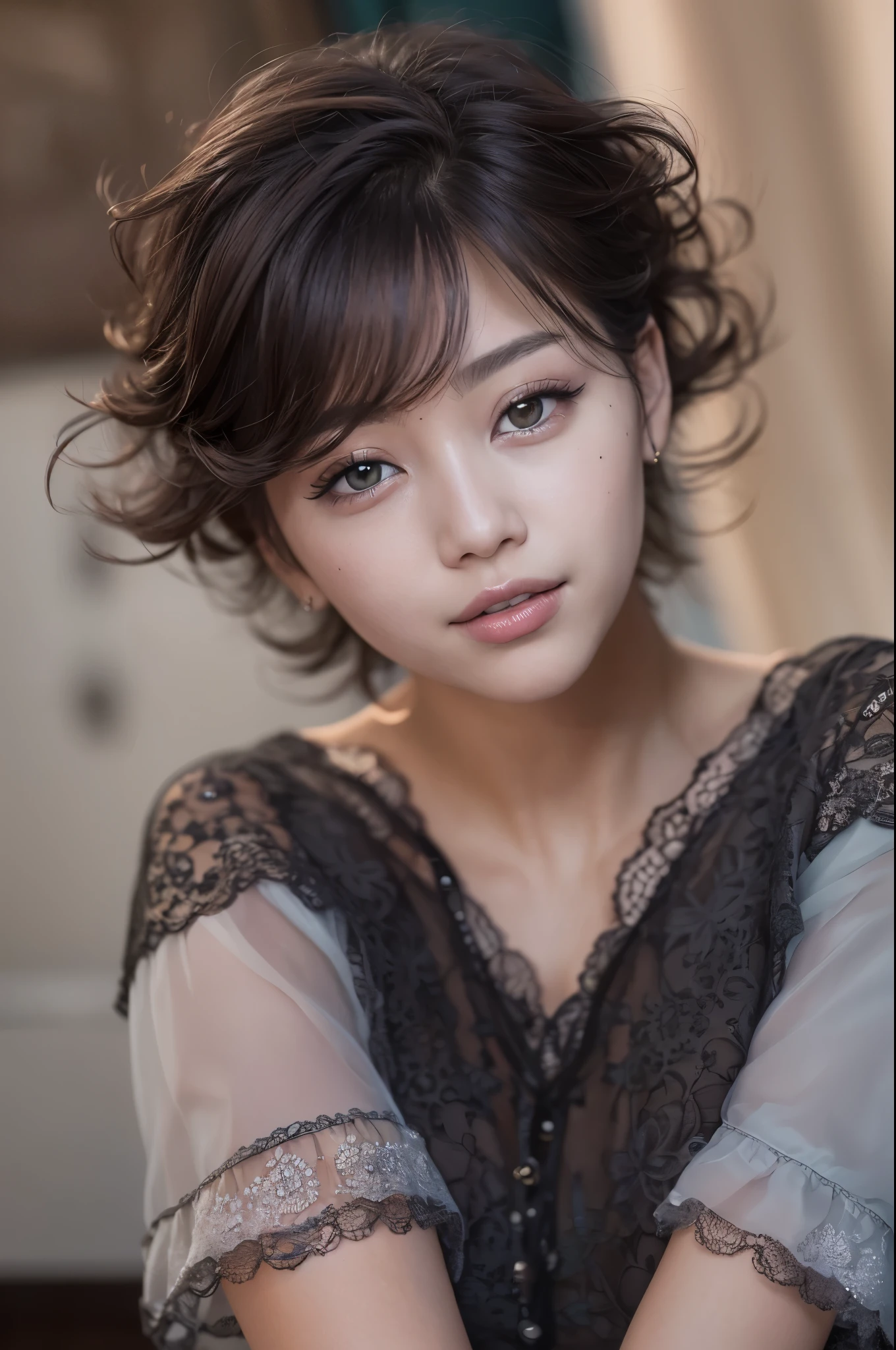 (Raw photo, Best Quality), (Realistic, Photorealsitic:1.3), masutepiece, extremely delicate and beautiful, Extremely detailed, nffsw, Unity, 8K, amazing, finely detail, Ultra-detailed, hight resolution, absurderes, Soft light, (Black hair, Short hair, Curly hair, hair messy, Bangor Tiful Detail Girl, Detailed fingers, extremely detailed eye and face, beautiful detailed nose, Beautiful detailed eyes, (Light on Face), Looking at Viewer, (Closed mouth:1.2), 1girl in, Cute, 年轻, Mature Face, pale skin, (Half body:1.3, sittingium&#39;breastsout), Realistic face, Realistic body, beautiful detailed thigh, (ulzzang -6500-v1.1:0.6), Black shirt,  (Semi-smile:1.3),cowboy  shot