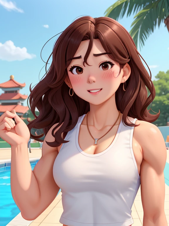 attractive korean woman, ripped muscle, muscular body, small breast, pale skin, sad(blush), sports tanktop, thin necklace, sixpack abs, [ultra detailed skin:1.2], brown hair, wavy hair, 8k uhd, pussy, full body, crowd, public, poolside, standing, cum on face,