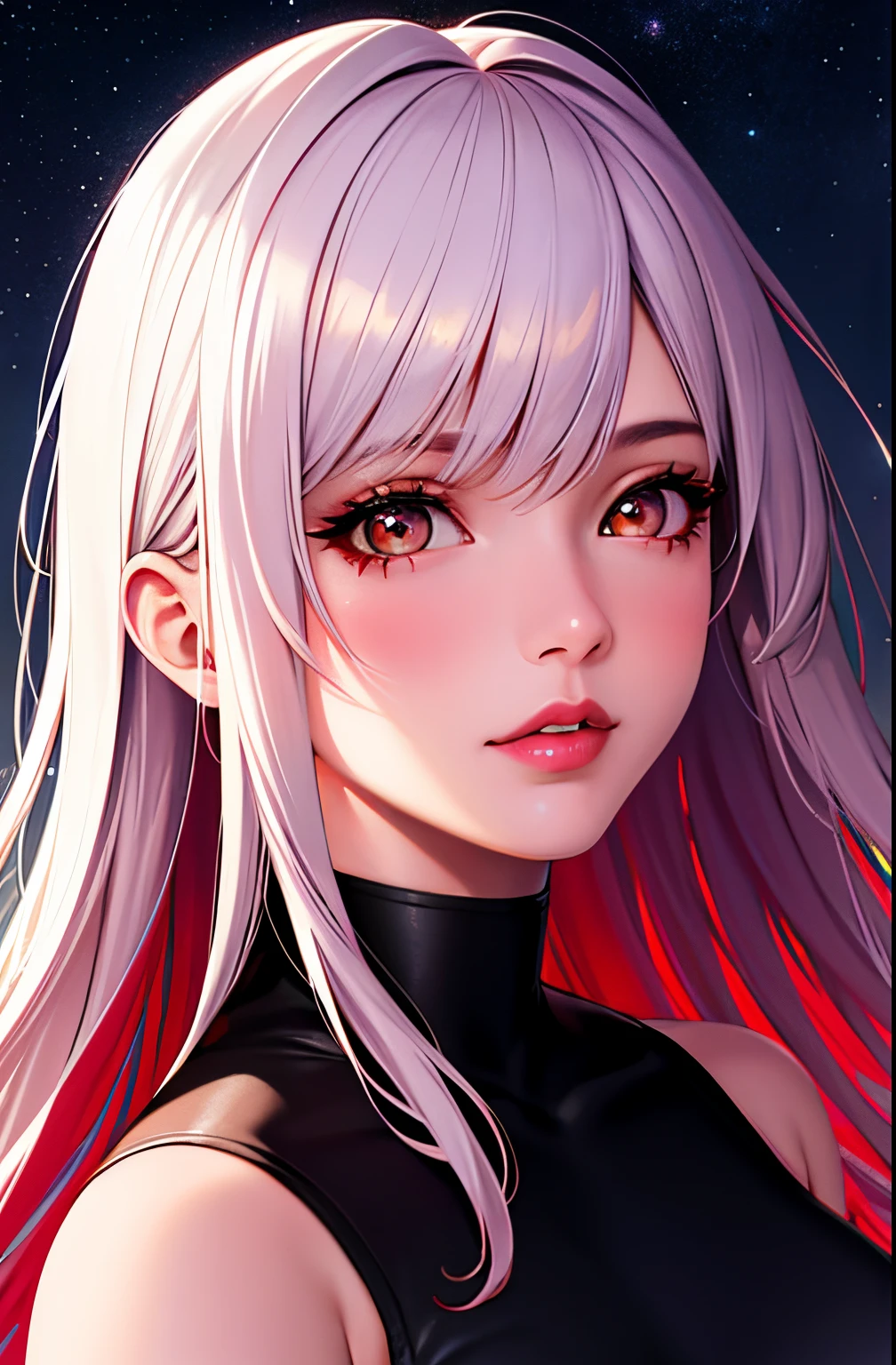 1 girl, beautiful face, ((white eyes)), sexy pose, red moon in the background, stars, space, (lightroom: 1.13), soft light, (natural skin texture: 1.2), (hyperrealism: 1.2), sharp focus, focus