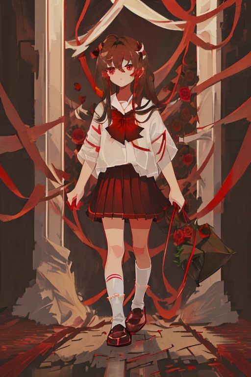(9 year old girl:1.2),(red eyes:1.3),(Eyes without light:1.3),(Brown-haired mid-haired),white shirt,(Red ribbons:1.3),(a red skirt:1.3),(Black socks:1.3),(Brown loafers:1.3),(art gallery:1.3),dark ilumination,(have one red rose:1.5),Walking alone