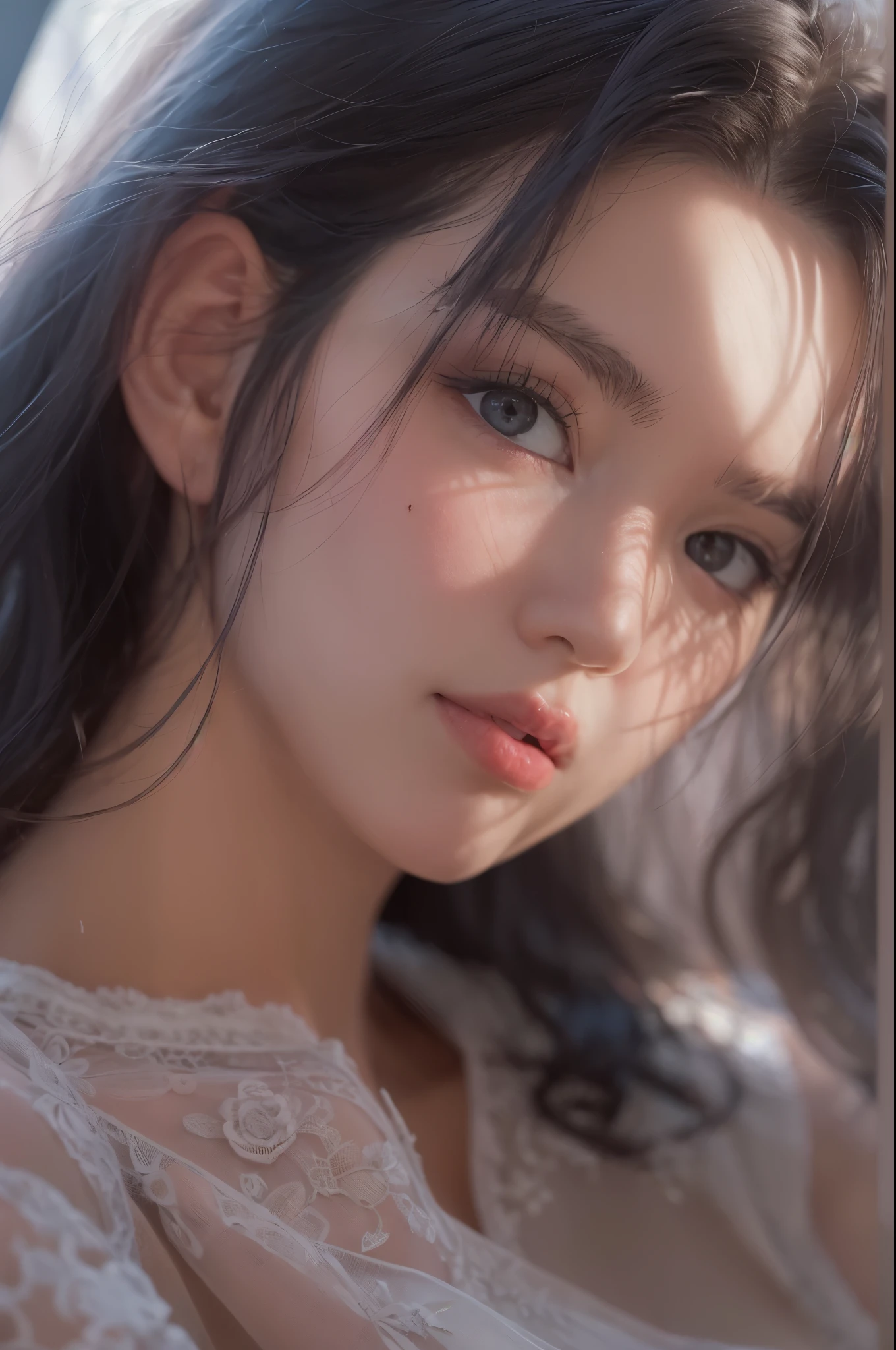 (Raw photo, Best Quality), (Realistic, Photorealsitic:1.3), masutepiece, extremely delicate and beautiful, Extremely detailed, nffsw, Unity, 8K, amazing, finely detail, Ultra-detailed, hight resolution, absurderes, Soft light, (Black hair, Short hair, Curly hair, hair messy, Bangor Tiful Detail Girl, Detailed fingers, extremely detailed eye and face, beautiful detailed nose, Beautiful detailed eyes, (Light on Face), Looking at Viewer, (Closed mouth:1.2), 1girl in, Cute, 年轻, Mature Face, pale skin, (Half body:1.3, sittingium'breastsout), Realistic face, Realistic body, beautiful detailed thigh, (ulzzang -6500-v1.1:0.6), Black shirt, (Semi-smile:1.3),cowboy shot