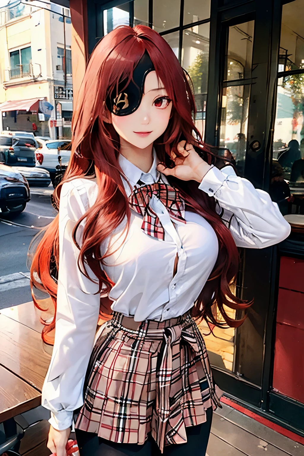 ((best quality)), ((masterpiece)), (detailed), perfect face, ((eyepatch:1.2)), (long hair:1.4), (red hair, red eyes:1.4), 1girl, solo, skirt, shirts, legging, white shirts, Button-up shirts , smile, outdoors, black skirt, looking at viewer, black legging, rose pattern legging, long sleeves, bangs, ribbon, frilled skirt, frills, plaid, bow, open clothes, blush, neck ribbon, Star shape eyepatch, gold eyepatch, standing, red ribbon, wide sleeves,, hand on waist, medium breasts, large breasts, cafe, cafe table, cowboy shot