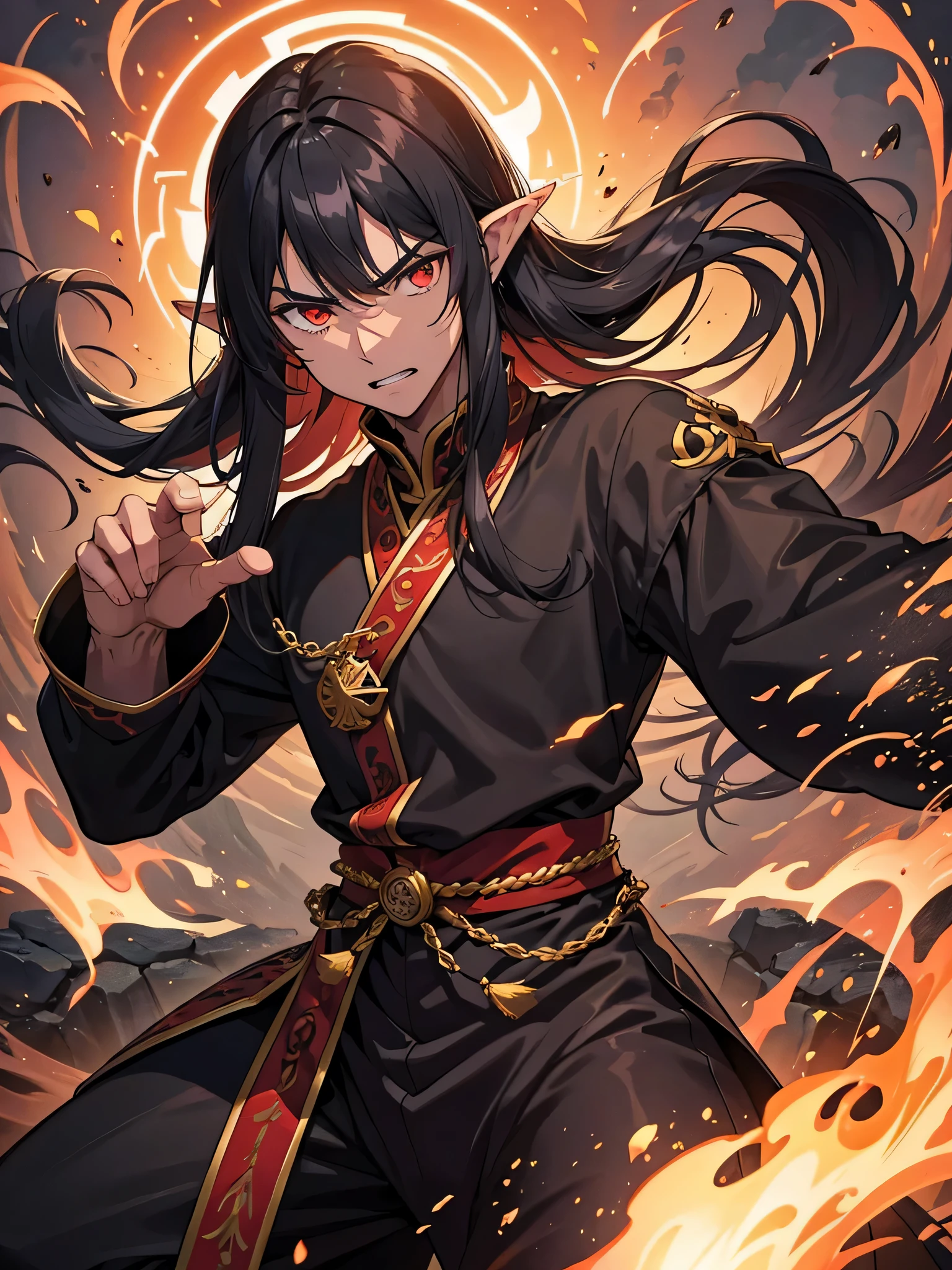 Guys only top-quality、hight resolution、unity 8k wall paper、(illustratio:0.8)、extra detailed face、Perfect litthing、Highly detailed CG、 (perfect hand、perfect anatomia)、A dark-haired Long straight hair demon king Black Devil Costume Flame Magic castle town angry expressions Kenpo Stance Black skin man of 30 years old youth manga style combat scene red eyes elf-ears full body Esbian