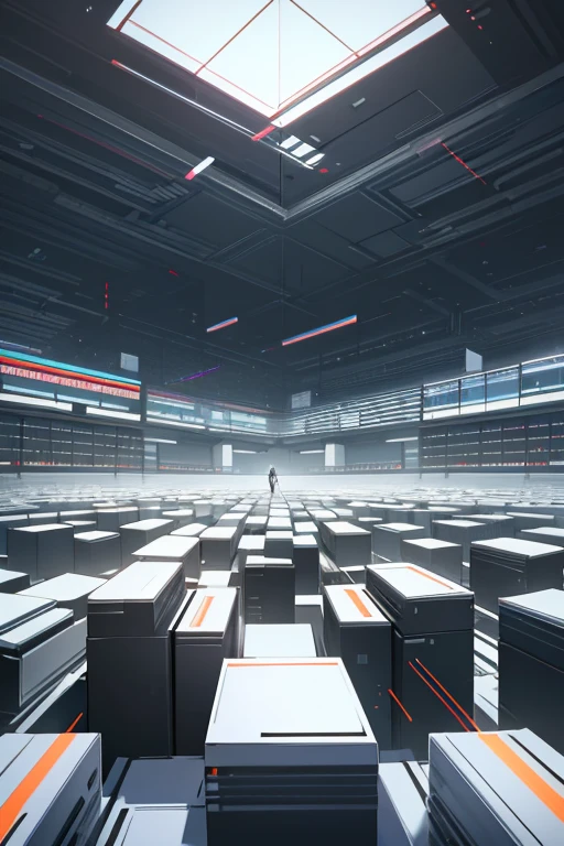 a room filled with lots of black and white boxes, digital art, inspired by Ryoji Ikeda, shutterstock, artem demura beeple, symmetrical outpost, abstract mirrors, infinite library