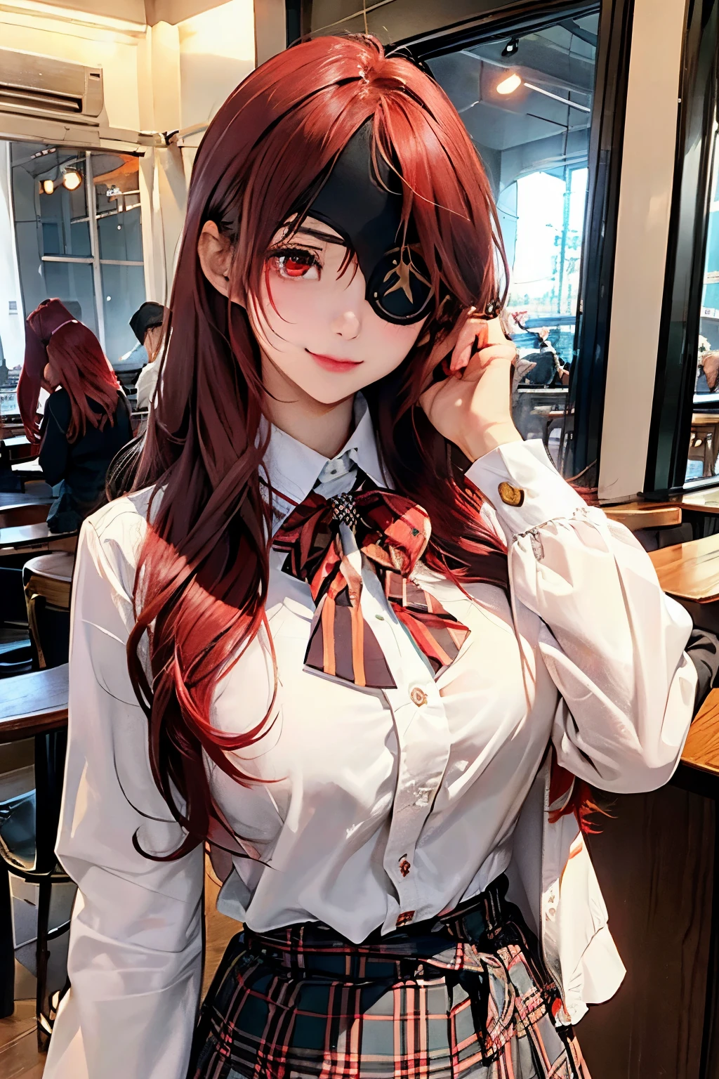 ((best quality)), ((masterpiece)), (detailed), perfect face, ((eyepatch:1.2)), (long hair:1.4), (red hair, red eyes:1.4), 1girl, solo, skirt, shirts, legging, white shirts, Button-up shirts , smile, outdoors, black skirt, looking at viewer, black legging, rose pattern legging, long sleeves, bangs, ribbon, frilled skirt, frills, plaid, bow, open clothes, blush, neck ribbon, Star shape eyepatch, gold eyepatch, standing, red ribbon, wide sleeves,, hand on waist, medium breasts, large breasts, cafe, inside bosco cafe, cowboy shot