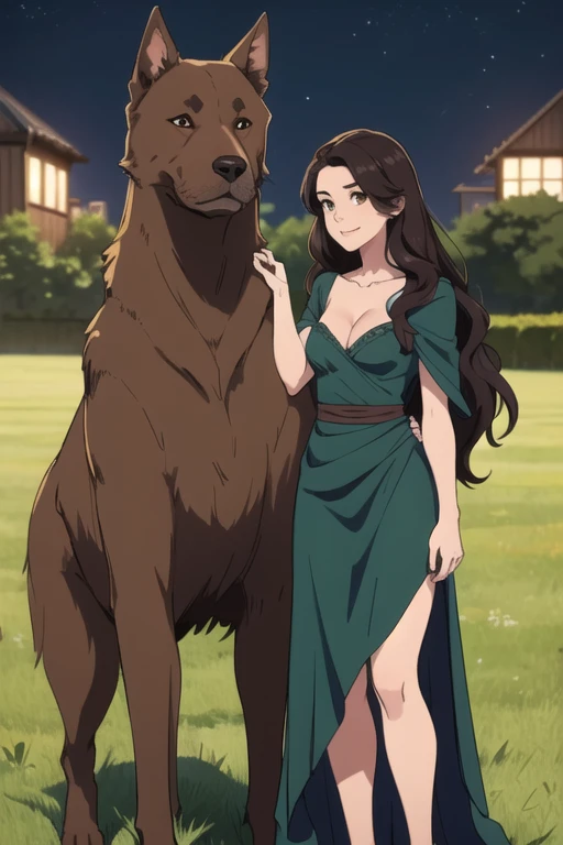 1girl with 1 very big dog, tall slim girl, brown eyes, brown long hair, dress, cleavage, collarbone, green dress, dark cloak beautiful woman, a in love smile, girl standing, side face, hand on the dog head, bat in the sky, perfect body, small brests, in the field os short grass, night, realism, masterpiece, textured skin, super detail, high detail, high quality, best quality, 1080p, 16k,