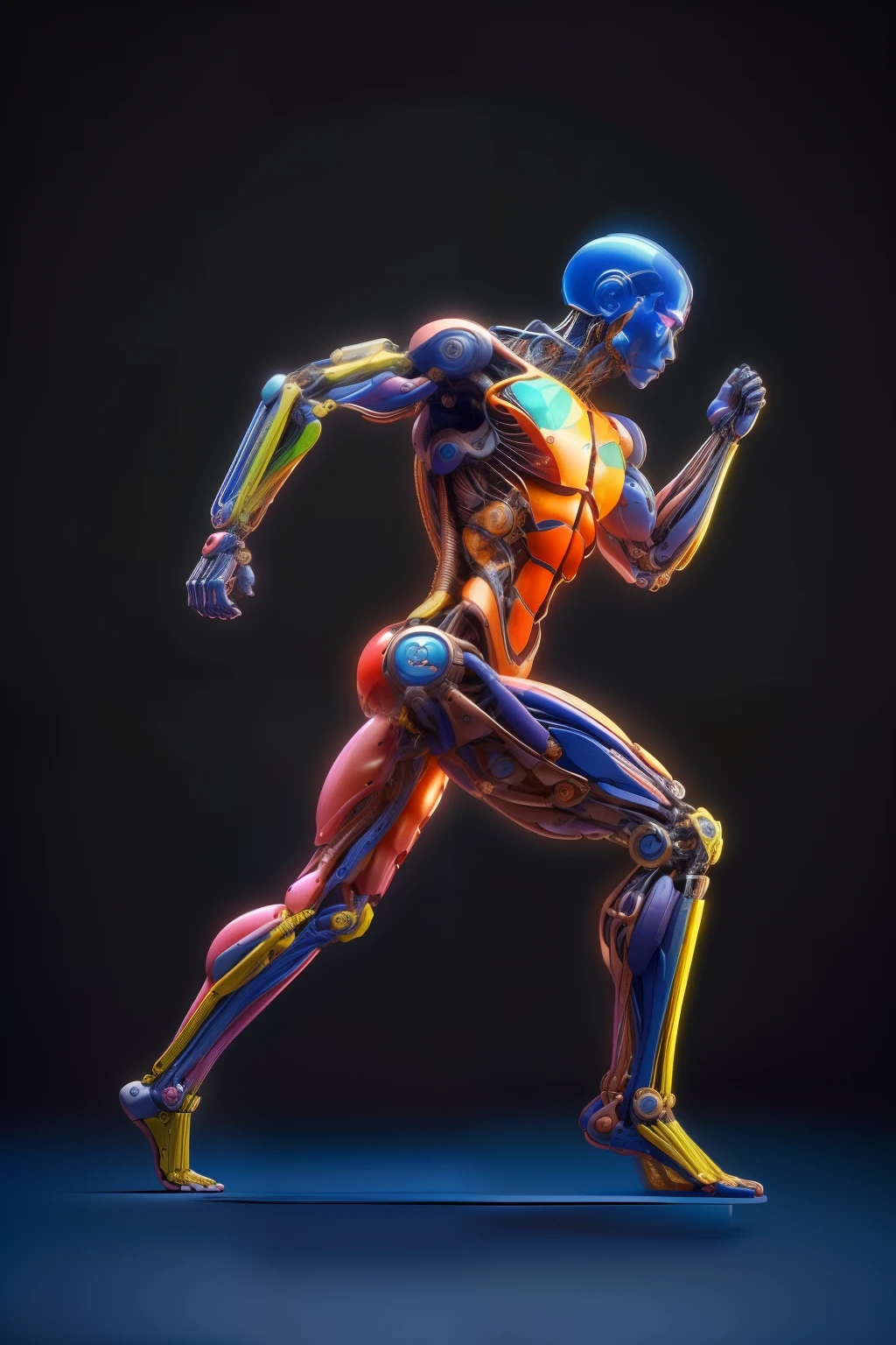 A male robot running with a colorful body map, Brightly colored anatomical robot, カラフルなmusculatureロボット, 誇張されたmusculature, Electromechanical,誇張されたmusculatureの体格, 完璧なmusculature構造, The human body breaks down, 医療用musculatureの解剖学としてのロボット, musculatureのリファレンス, musculature, abstract human body, 定義されたmusculature, 非常に詳細なmusculature, マークされたmusculature, Surreal anatomy, detailed veiny muscles
