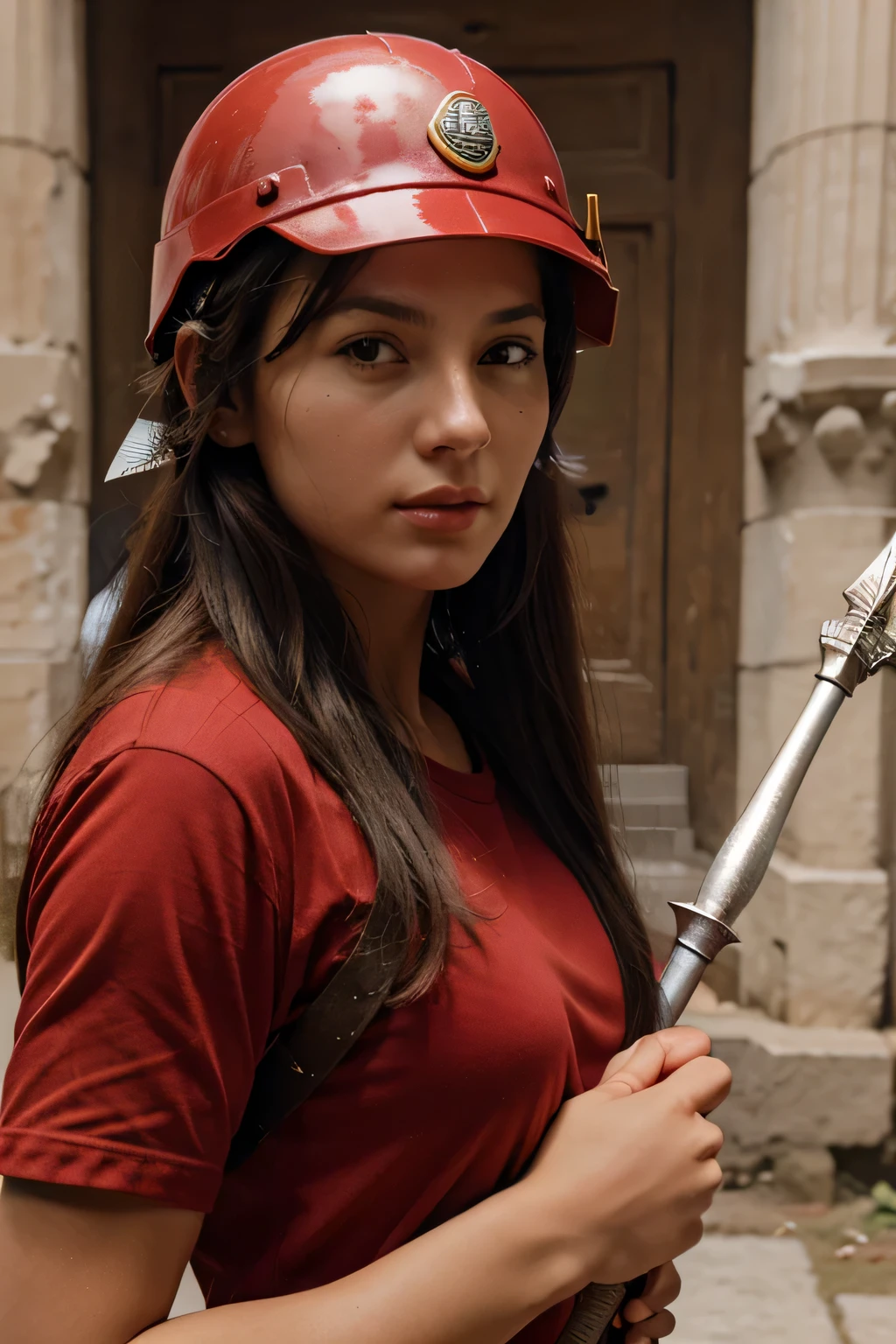 goddess athena wearing casual red shirt, wearing war helmet, hold her war spear