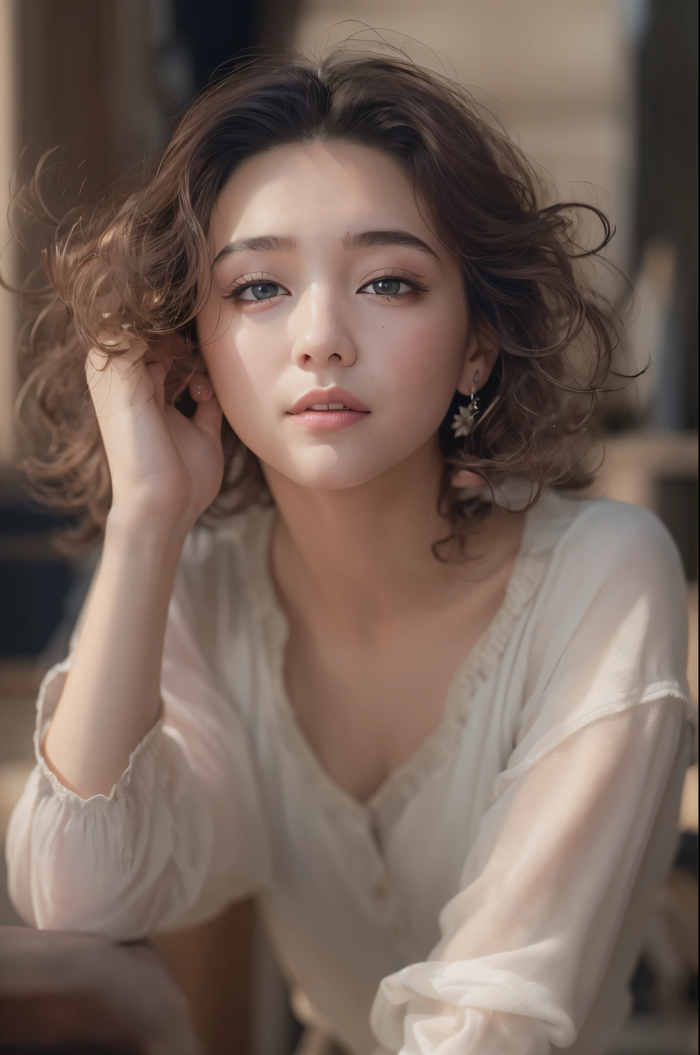 (Raw photo, Best Quality), (Realistic, Photorealsitic:1.3), masutepiece, extremely delicate and beautiful, Extremely detailed, nffsw, Unity, 8K, amazing, finely detail, Ultra-detailed, hight resolution, absurderes, Soft light, (Black hair, Short hair, Curly hair, hair messy, Bangor Tiful Detail Girl, Detailed fingers, extremely detailed eye and face, beautiful detailed nose, Beautiful detailed eyes, (Light on Face), Looking at Viewer, (Closed mouth:1.2), 1girl in, Cute, 年轻, Mature Face, pale skin, (Half body:1.3, sittingium&#39;breastsout), Realistic face, Realistic body, beautiful detailed thigh, (ulzzang -6500-v1.1:0.6), Black shirt,  (Semi-smile:1.3),cowboy  shot