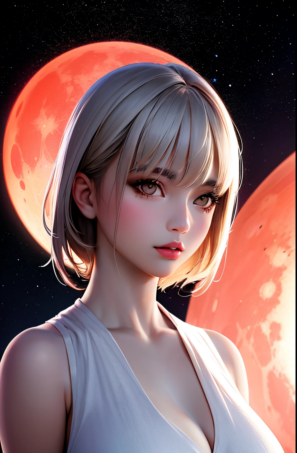 1 girl, beautiful face, ((white eyes)), sexy pose, red moon in the background, stars, space, (lightroom: 1.13), soft light, (natural skin texture: 1.2), (hyperrealism: 1.2), sharp focus, focus