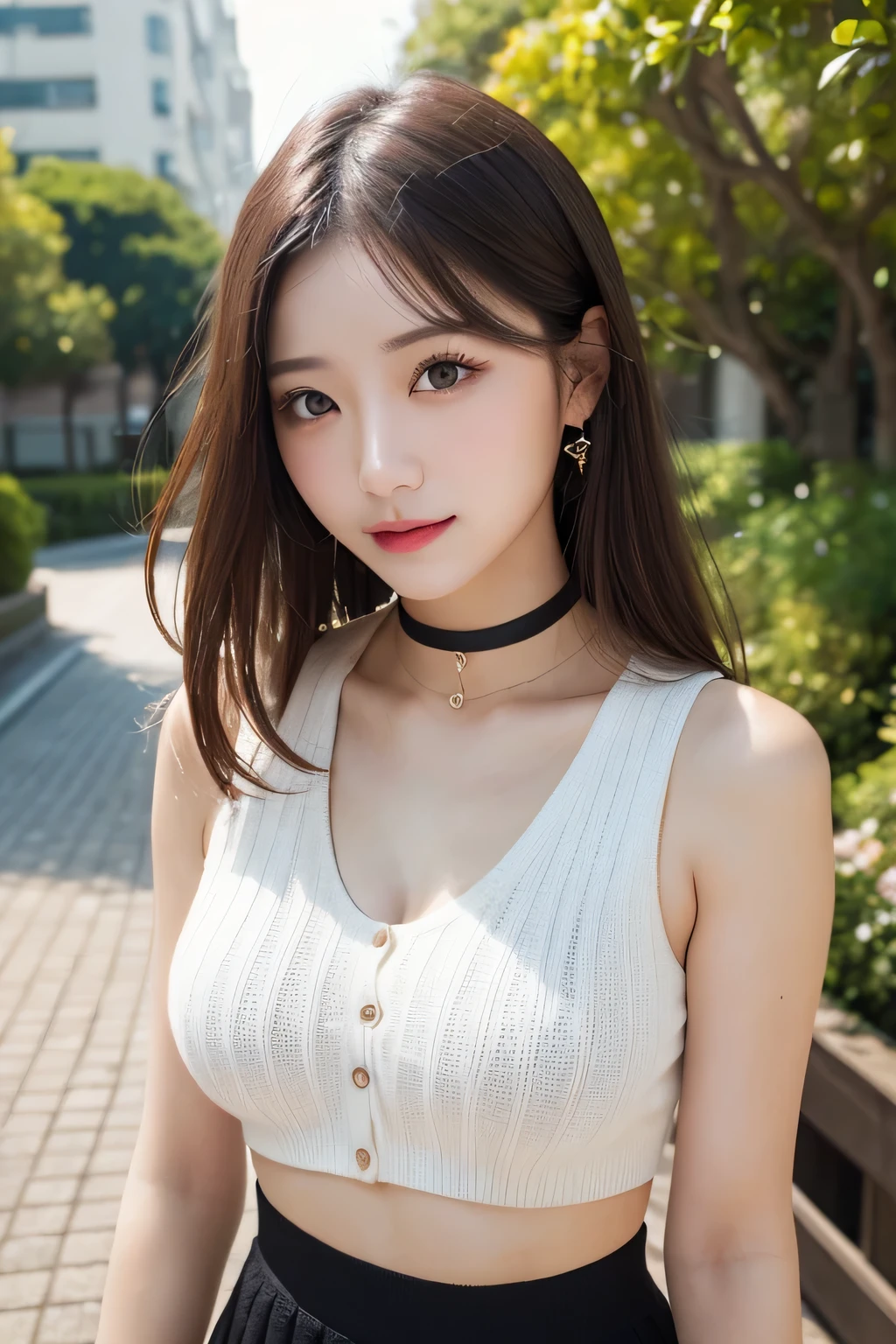 masutepiece, Best Quality, Photorealsitic, finely detail, hight resolution, 8K Wallpapers, Perfect dynamic composition, Beautiful detailed eyes, Medium Hair, large full breasts, Random and sexy poses,Bring your chest together、(Open Chest Crop Tank Top Knitwear Clear Clave,Black)、(Breast bulge 1.2)、A smile、open open mouth、Resort scenery、25-years old、(Drooping eyes 1.4)、 Beauty、japanes,Keyed choker,flered skirt