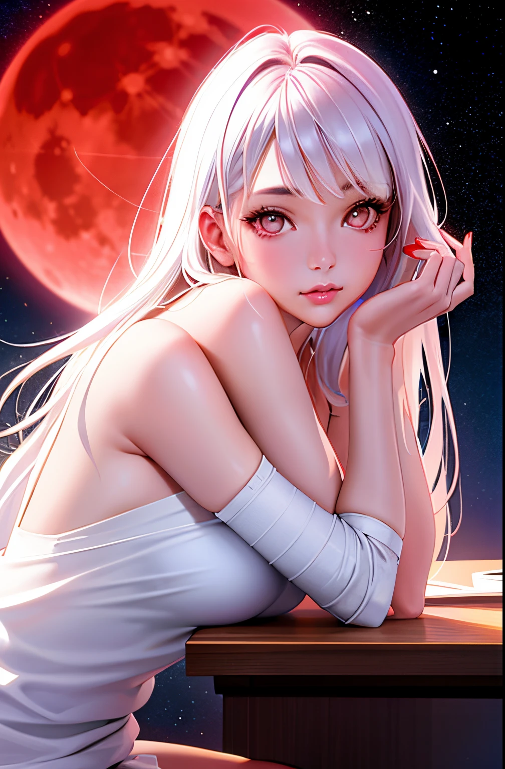 1girl, beautiful face, ((white eyes)), sexy pose, Red moon in the background, stars, space, (lightroom:1.13), soft light, (natural skin texture:1.2), (hyperrealism:1.2), sharp focus, focused