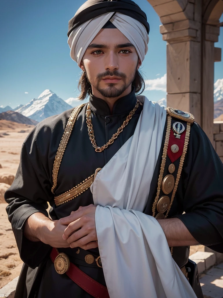 hyper quality photography of Ottoman soldier, perfect symmetric eyes, skin with pores, mountains background,
turban, clothes of the time, stern look, mouth covered with a bandage, soft lighting, shallow depth of field, natural light, muted color palette, Boris Vallejo, Raphael, Caravaggio, Greg Rutkowski, Beeple, Beksinski, Giger, shot with a Canon 1DX Mark II,
Canon EF 70-200mm f/2.8L IS III USM lens, 1/800 s, f/5.6