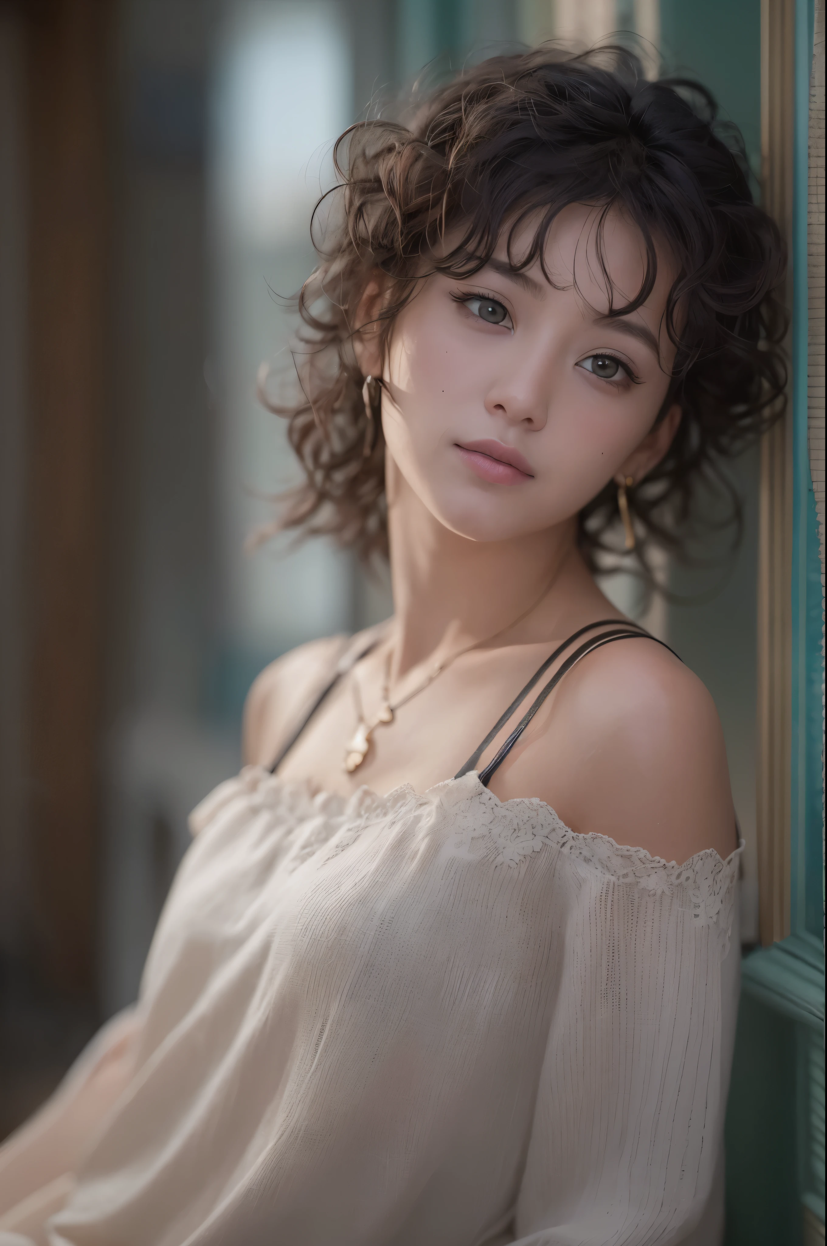 (Raw photo, Best Quality), (Realistic, Photorealsitic:1.3), masutepiece, extremely delicate and beautiful, Extremely detailed, nffsw, Unity, 8K, amazing, finely detail, Ultra-detailed, hight resolution, absurderes, Soft light, (Black hair, Short hair, Curly hair, hair messy, Bangor Tiful Detail Girl, Detailed fingers, extremely detailed eye and face, beautiful detailed nose, Beautiful detailed eyes, (Light on Face), Looking at Viewer, (Closed mouth:1.2), 1girl in, Cute, 年轻, Mature Face, pale skin, (Half body:1.3, sittingium&#39;breastsout), Realistic face, Realistic body, beautiful detailed thigh, (ulzzang -6500-v1.1:0.6), Black shirt,  (Semi-smile:1.3),cowboy  shot