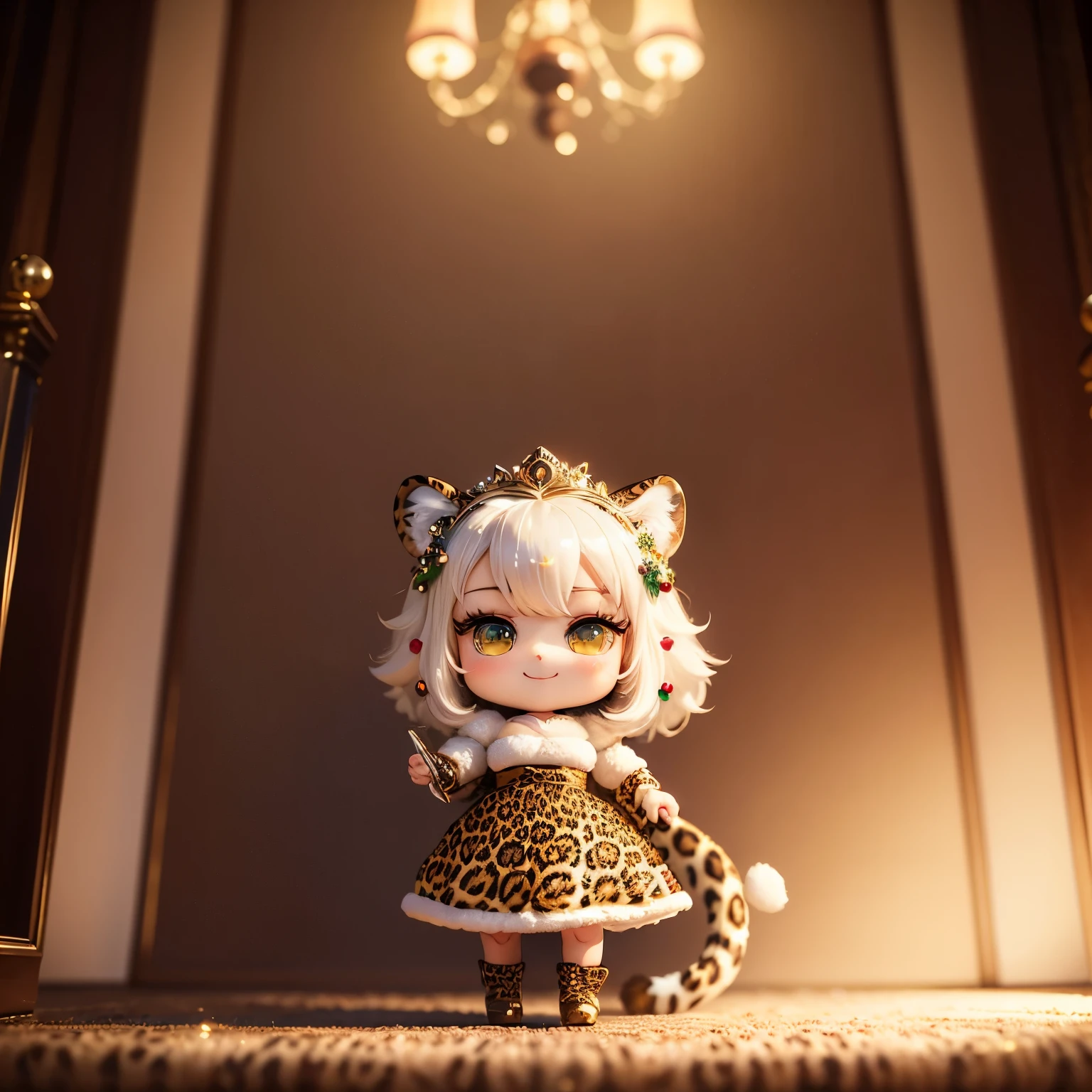 ​masterpiece、top-quality、ultra-detailliert、(chibi character princess:1.2), (holding a leopard animal:1.3),White-haired,red white green knit dress,The glitter shines、Christmas tree,drop light,Western-style living room,a smile、Full-body standing figure,The glitter shines