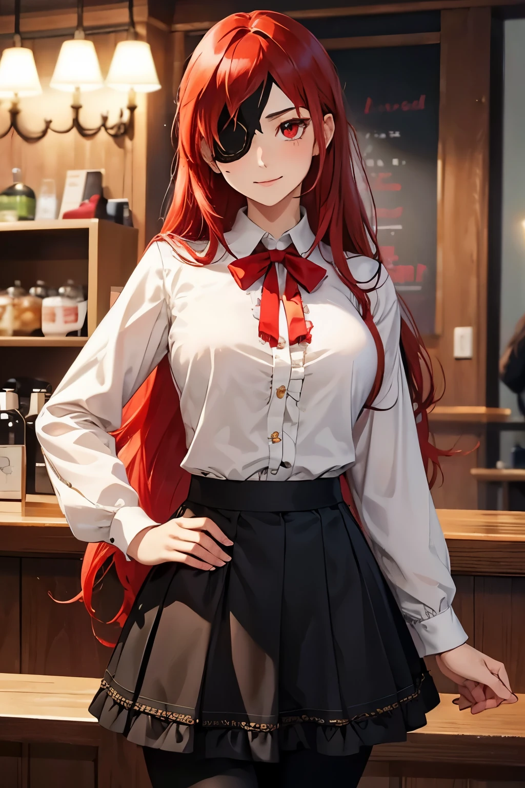 ((best quality)), ((masterpiece)), (detailed), perfect face, ((eyepatch:1.2)), (long hair:1.4), (red hair, red eyes:1.4), 1girl, solo, skirt, shirts, legging, white shirts, Button-up shirts , smile, outdoors, black skirt, looking at viewer, black legging, rose pattern legging, long sleeves, bangs, ribbon, frilled skirt, frills, plaid, bow, open clothes, blush, neck ribbon, Star shape eyepatch, gold eyepatch, standing, red ribbon, wide sleeves,, hand on waist, medium breasts, large breasts, cafe, inside bosco cafe, cowboy shot