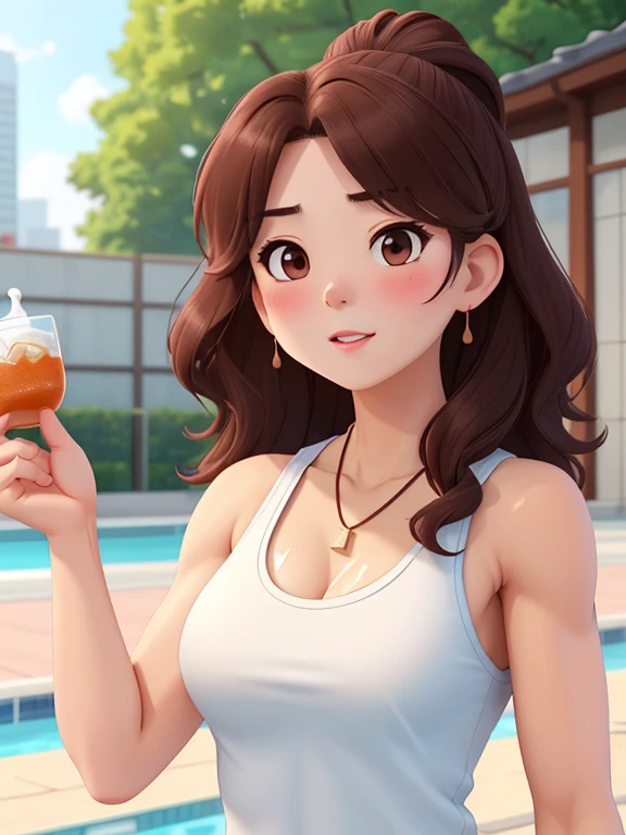 attractive korean woman, ripped muscle, muscular body, small breast, pale skin, sad(blush), sports tanktop, thin necklace, sixpack abs, [ultra detailed skin:1.2], brown hair, wavy hair, 8k uhd, pussy, full body, crowd, public, poolside, standing, cum on face,