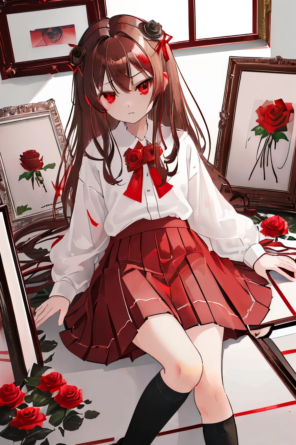 (9 year old girl:1.2),(red eyes:1.3),(Eyes without light:1.3),(Brown-haired mid-haired),(white shirt:1.2),(Red ribbons:1.3),(a red skirt:1.3),(Black socks:1.3),(Brown loafers:1.3),(lots of picture frames:1.3),dark ilumination,(have one red rose:1.5),art gallery,Blue roses,Yellow roses,(Straight face:1.4)