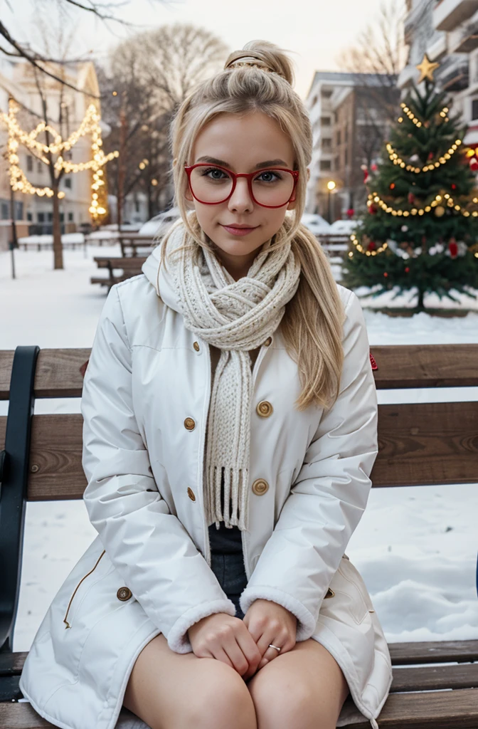 Slavic girl 26 years old, blonde hair, petite, slim, small boobs, ponytail, red glasses, wearing white down winter coat, Christmas tree, ready to go outside, scarf around the neck, sitting on the bench