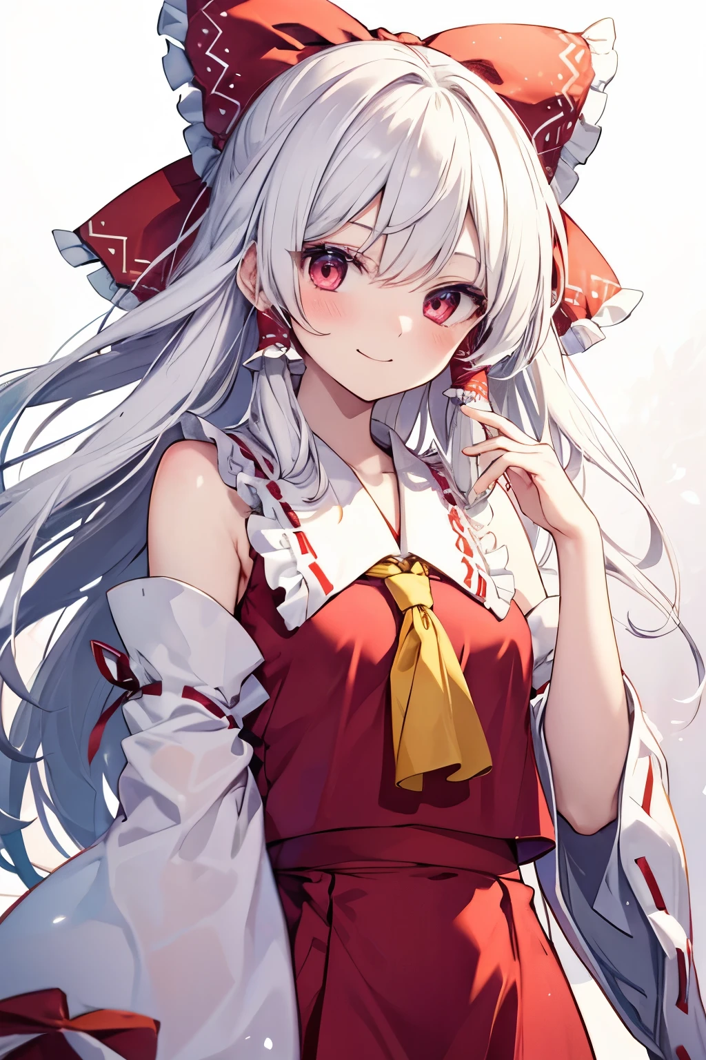 Hakurei Reimu,Touhou project, smile, blush , half body, white hair