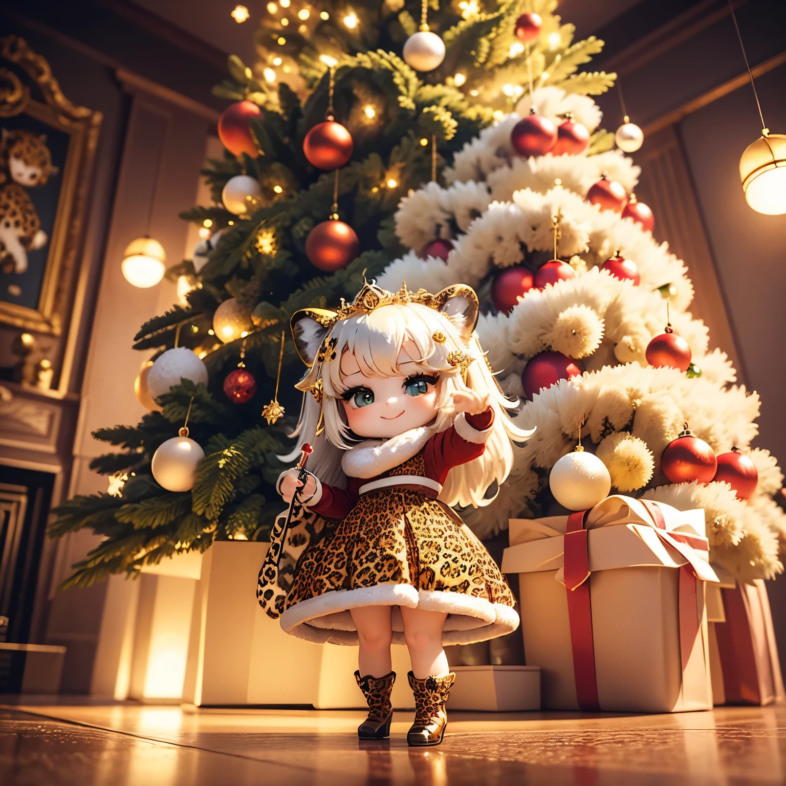 ​masterpiece、top-quality、ultra-detailliert、(chibi character princess:1.2), (holding a leopard animal:1.3),White-haired,red white green knit dress,The glitter shines、Christmas tree,drop light,Western-style living room,a smile、Full-body standing figure,The glitter shines