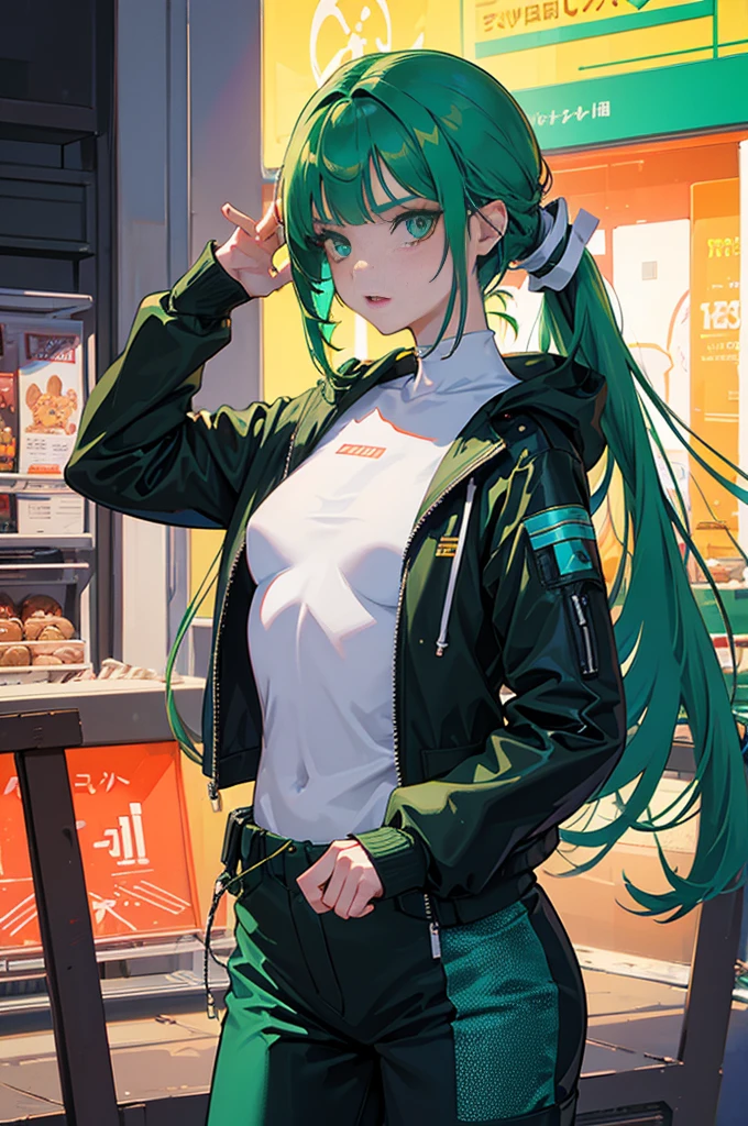 1girl, bite, shadow, green eyes, hair behind head, Colorful long hair, looking at viewer, makeup, small breasts, pilot suit, white suit, ((red eyeshadow)), science fiction, tight skin, solo, cyberpunk,