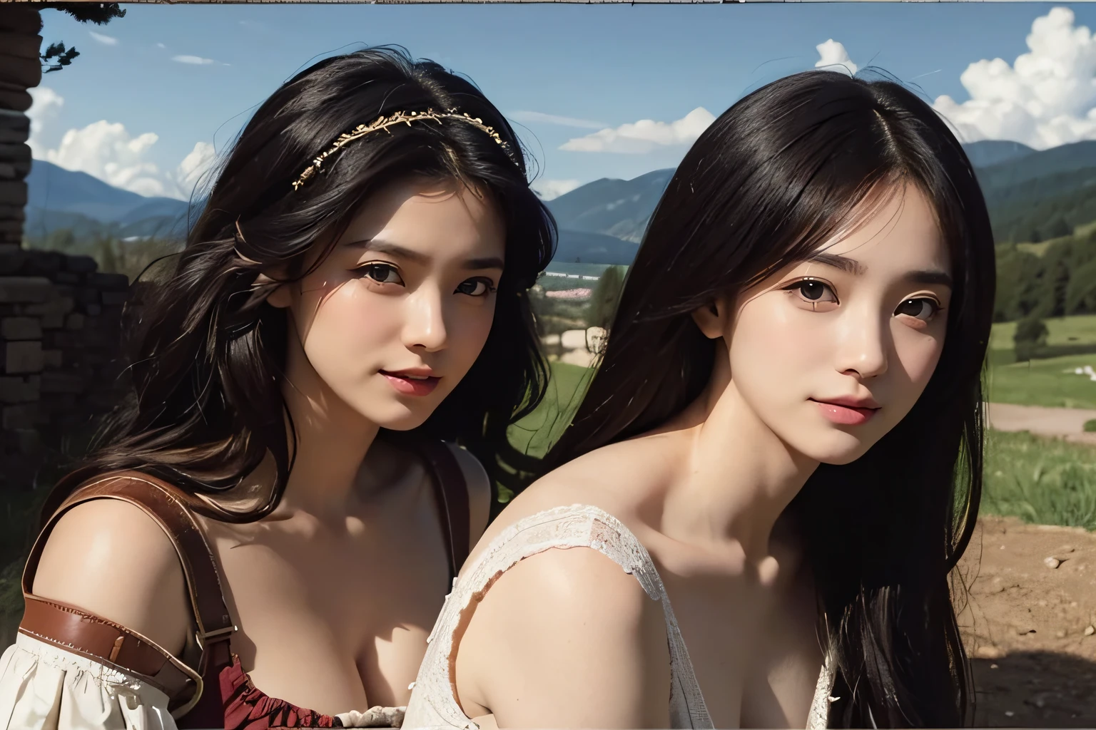 Ancient Roman landscape in the style of Poussin,A smile,,Sweet and seductive appearance.、Caravaggio's paintings、Chiaroscuro of Caravaggio、Hair disheveled in the wind,Two women frolicking,Cute smile, Expression of ecstasy,A sexy,erotick