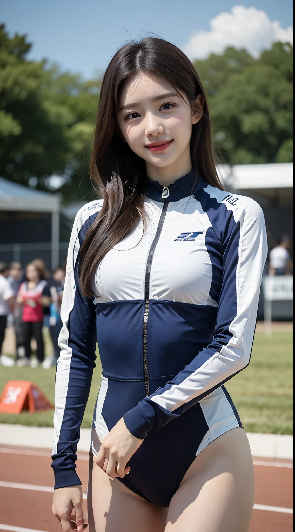 Rider clothing，Run the track，sunshine on face，Best quality at best, Uniformity, Best quality, 真实感, ultra - detailed,Dynamic light and shadow,A high resolution,sky sky、 1 female, Smiling、Shiny brown hair, bshoulder、Racing Queen、Blue and white racing suit、white line blue racing beat、Sponsor logo on chest、The slender one、 Grid Girl, Participate in racing competition、 Place your left hand on your waist、blur backgroun。