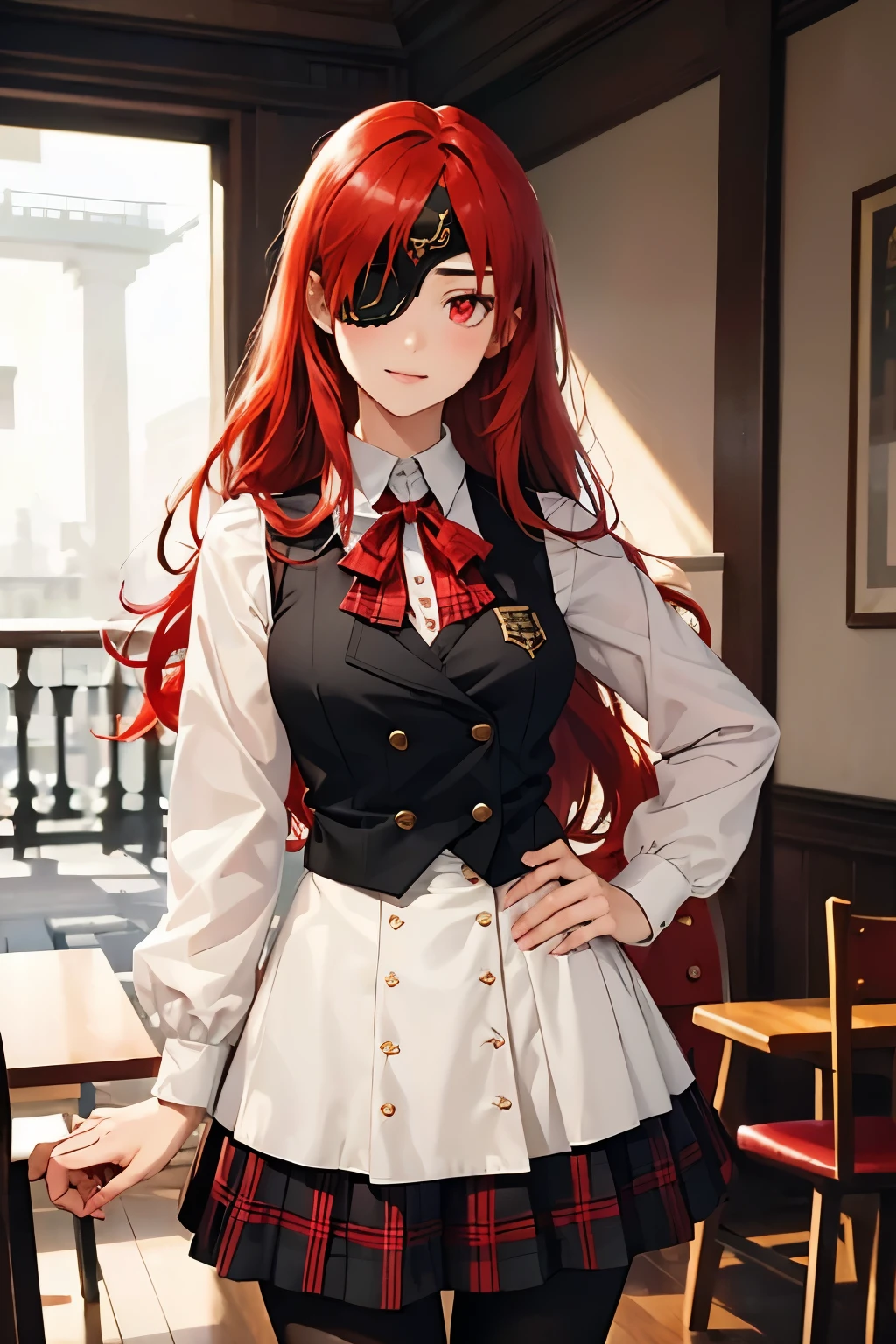 ((best quality)), ((masterpiece)), (detailed), perfect face, ((eyepatch:1.2)), (long hair:1.4), (red hair, red eyes:1.4), 1girl, solo, skirt, shirts, vest, legging, white shirts, Button-up shirts, black vest, smile, outdoors, black skirt, looking at viewer, black legging, rose pattern legging, long sleeves, bangs, ribbon, frilled skirt, frills, plaid, bow, open clothes, blush, neck ribbon, Star shape eyepatch, gold eyepatch, standing, red ribbon, wide sleeves,, hand on waist, medium breasts, large breasts, cafe, inside bosco cafe, cowboy shot