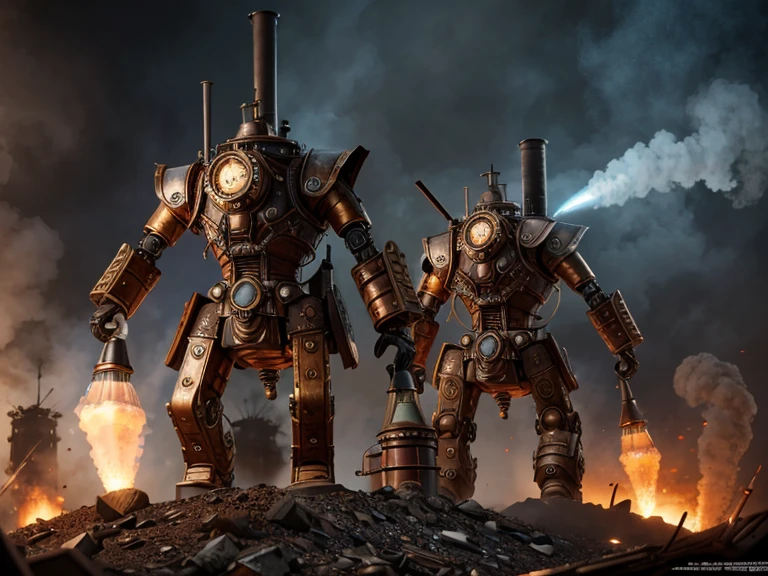 Steampunk art 1900, Steampunk combat robot squad 1 meter high steam-powered gear chimneys and smoke details painted blue, in combat, ultra HD 3840x2160 image definition.