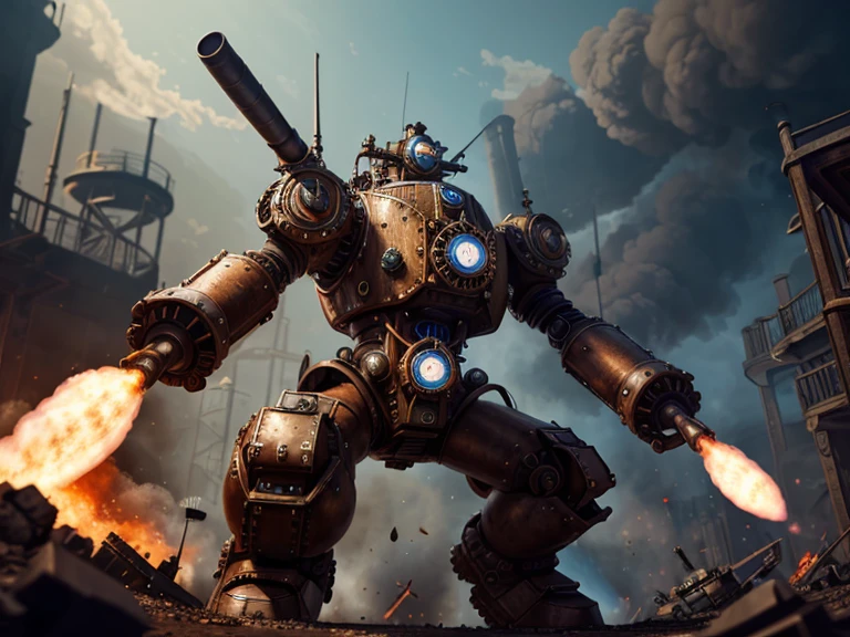Steampunk art 1900, Steampunk combat robot squad 1 meter high steam-powered gear chimneys and smoke details painted blue, in combat, ultra HD 3840x2160 image definition.